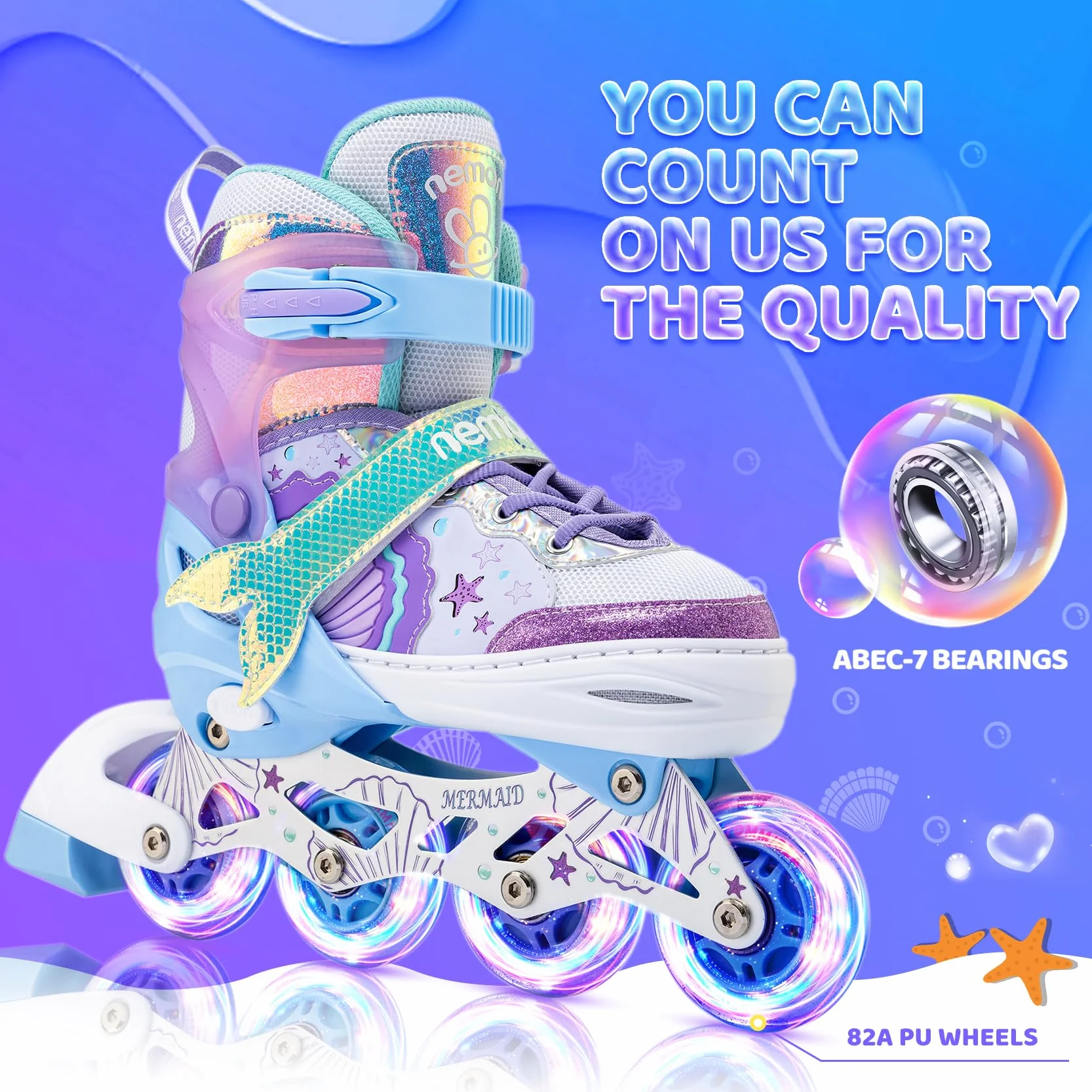 NEMONE Sirenita Patines en línea Niñas Ajustable 4 Ruedas para Niño Principiantes