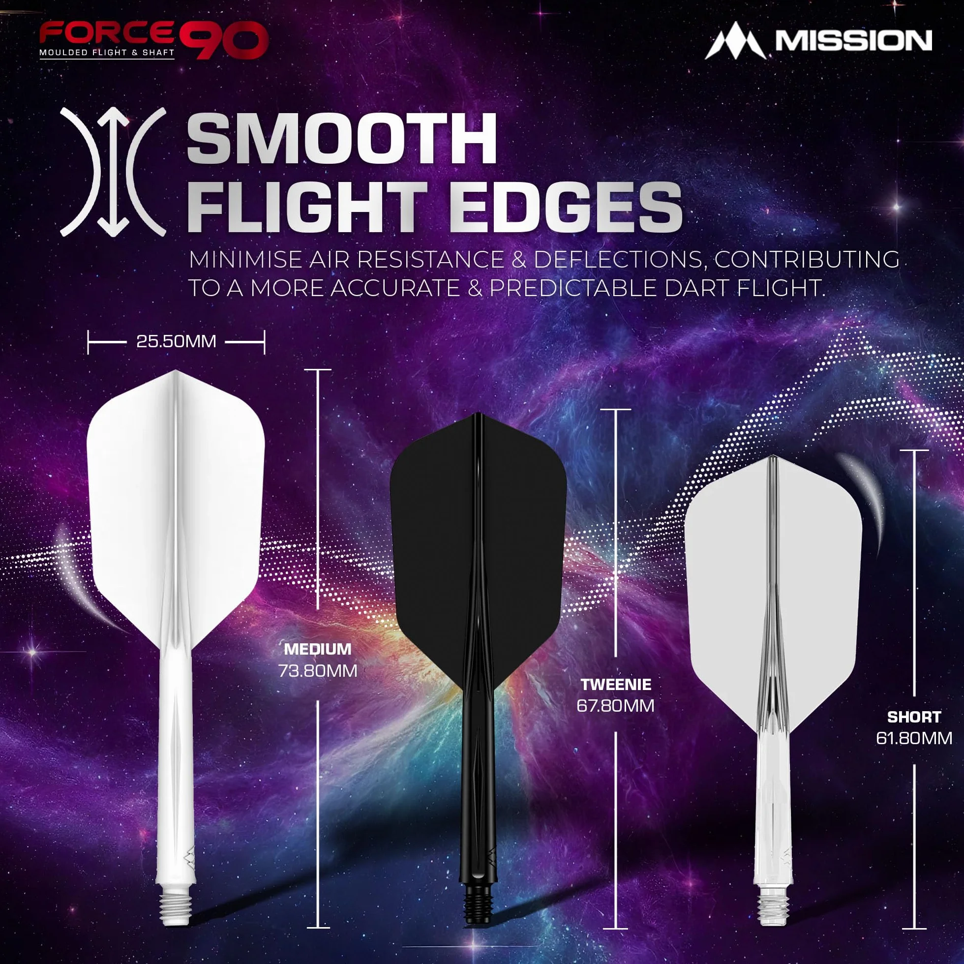 Mission Darts Force 90 2 en 1 Delgado Paquete de 3 Plumas y Tallos Combinados