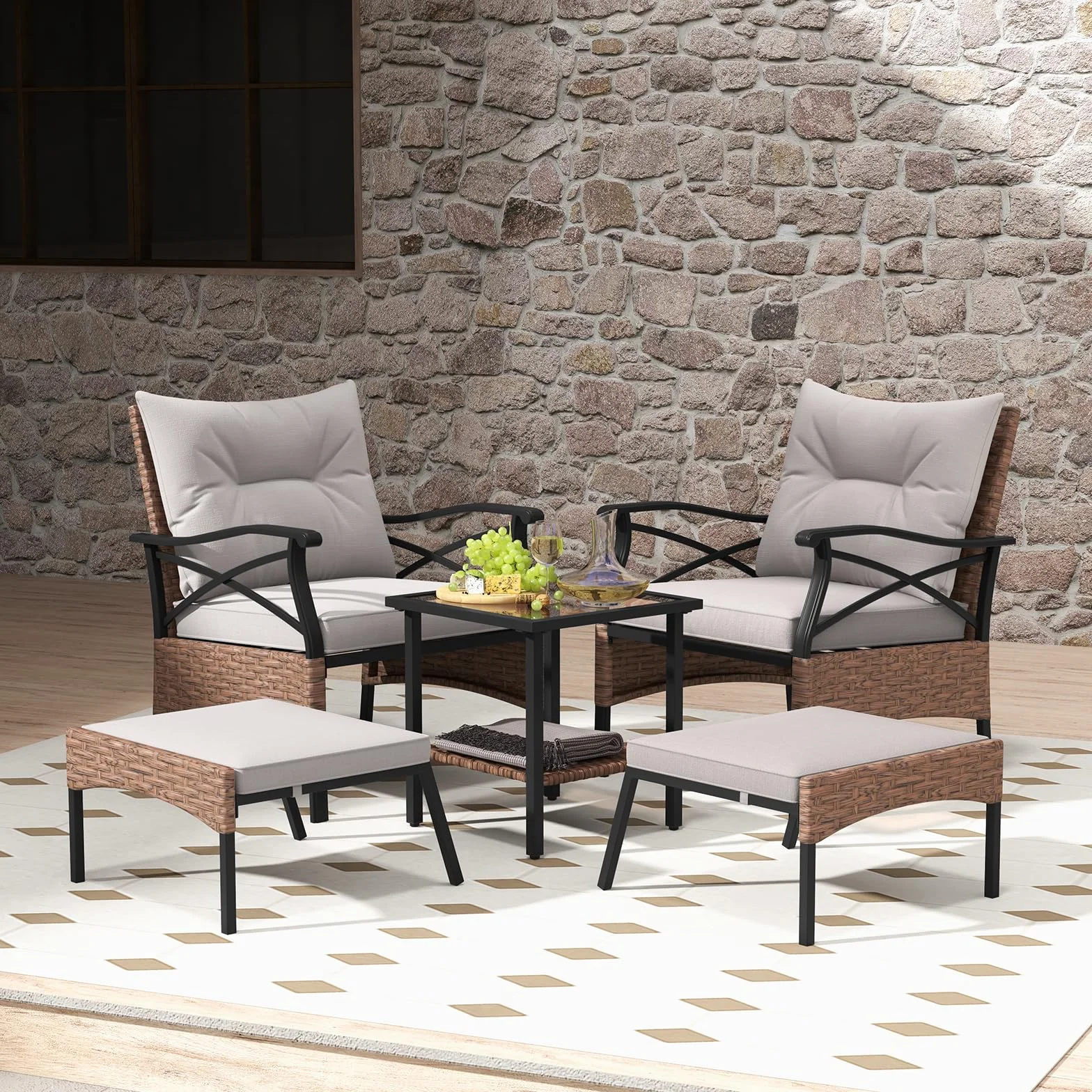 COSTWAY Conjunto Mesa y Sillas Jardin 5 Piezas de Ratán,1 Mesa Auxiliar de Vidrio Templado, 2 Sillas de Ratán PE y 2 Otomanas, Cojines Extraíbles,Conjunto Jardin Exterior Balcon Terraza (Marrón+Gris)