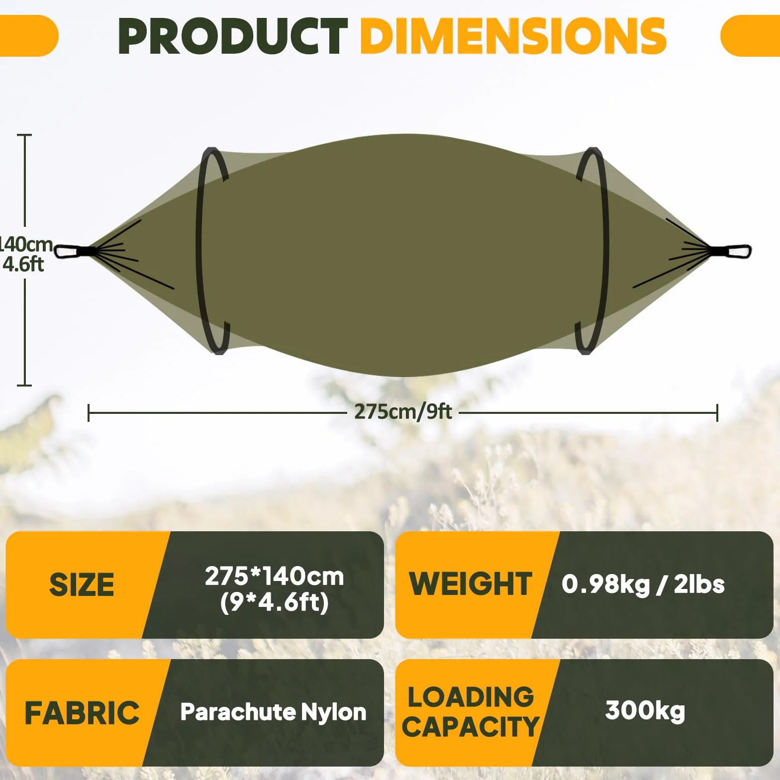 NatureFun Hamaca de Viaje Ultra-Ligera Hamaca para mosquiteros | Capacidad de Carga de 300 kg, Nylon de paracaídas Transpirable| 2 x mosquetones de Primera Calidad, 2 x eslingas de Nylon Incluidas