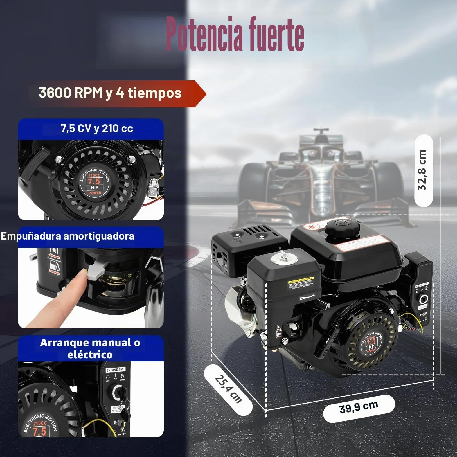 Motor de gasolina de 4 tiempos de 7,5 CV 3 kW, motor industrial para go-kart, arranque eléctrico, 210 cc, monocilíndrico, refrigerado por aire, para go-karts, generador, limpiador de alta presión