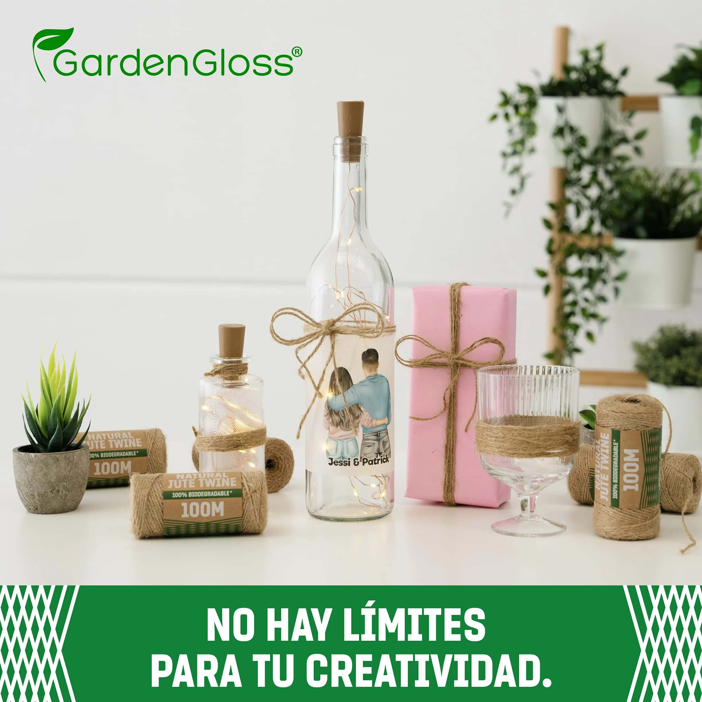 GardenGloss® Cinta de Fibra Natural de Yute (300m de Longitud, 1 mm de Grosor) - 100% Biodegradable - Cordón de Dos Hilos para jardinería, Manualidades, Bricolaje y Envolver Regalos