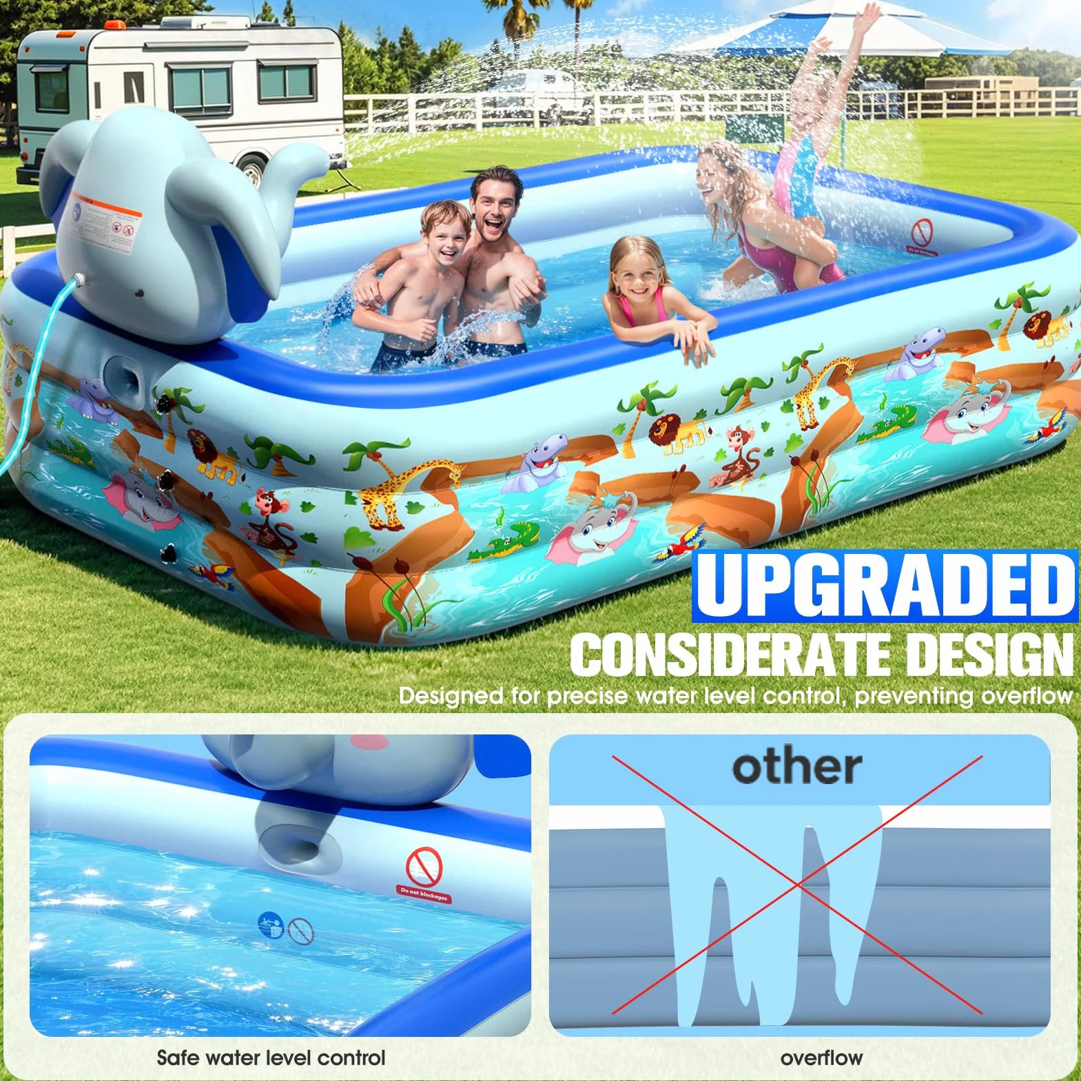 LanBlu Piscina Hinchable Adultos con Aspersor, Elefante Piscinas Hinchables Rectangular, Piscinas Hinchables Grandes de 0.6mm de Grosor, 252×183×56CM Piscina Hinchable Infantil para Terraza Jardín