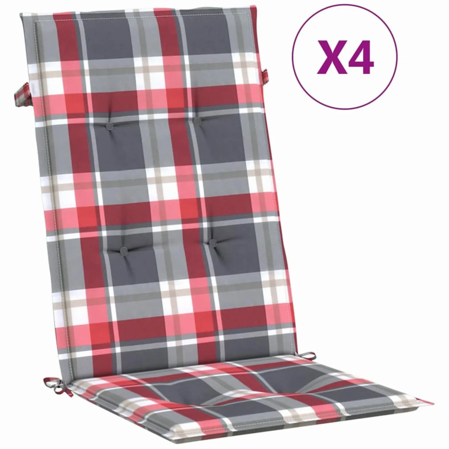 LAPOOH Cojín Silla jardín Respaldo Alto 4 uds Cuadros Rojo 120x50x3 cm, Cojines para Butacas De Jardin, Cojines Sillas Cocina, Cojines para Sillas De Terraza, Cojin Silla Exterior