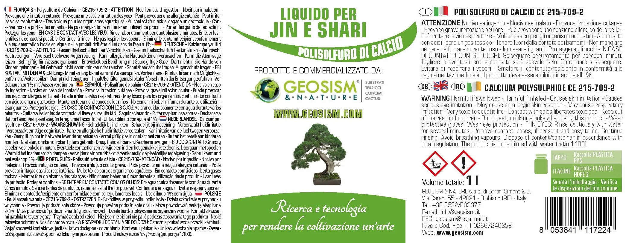 Líquido para Jin y Shari Geosism (polisulfuro de Calcio) Certificado para bonsái (1 l)