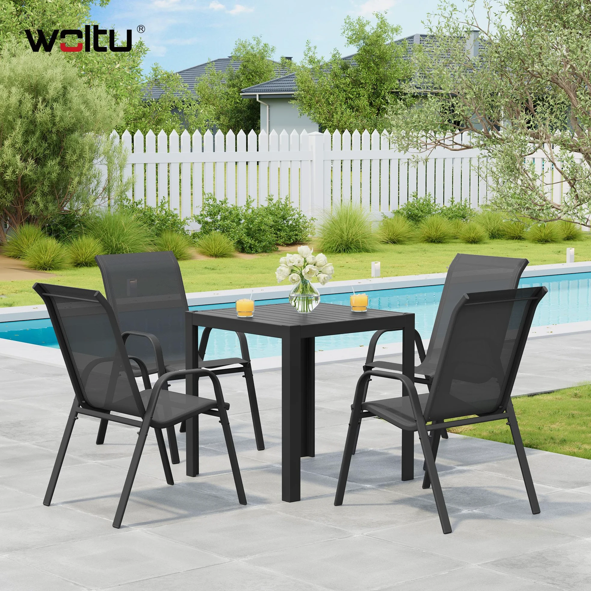 WOLTU Sillas de Jardín, Juego de 4 Sillones Apilables de Exterior, Respaldo Transpirable, Sillas para Terraza Patio Balcón, Estructura de Metal, Gris Oscuro