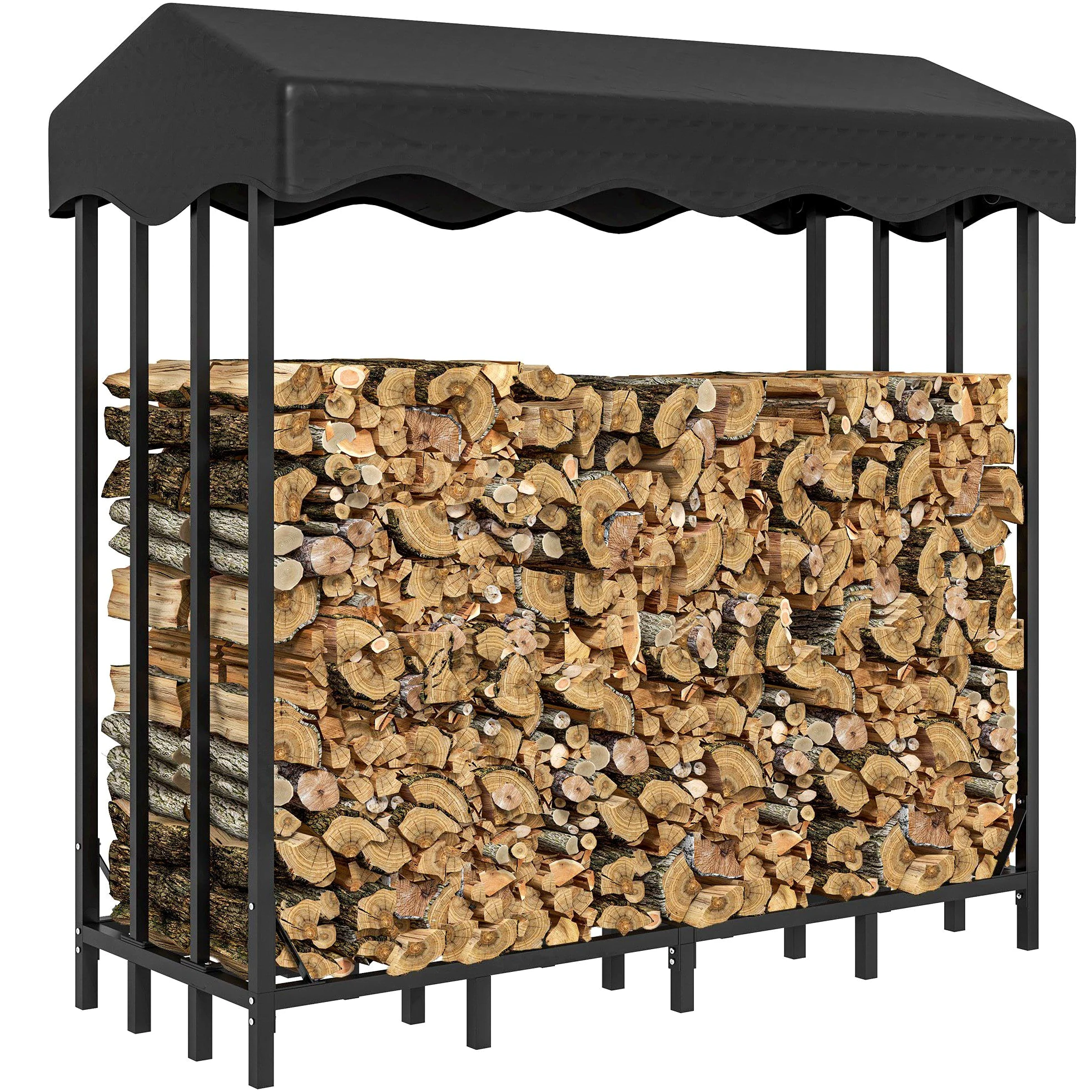 Outsunny Soporte para Leña con Cubierta 143x70x145 cm Leñera de Exterior Estante de Leña de Metal con Estructura Reforzada Impermeable Carga 1200 kg para Interior y Exterior Negro