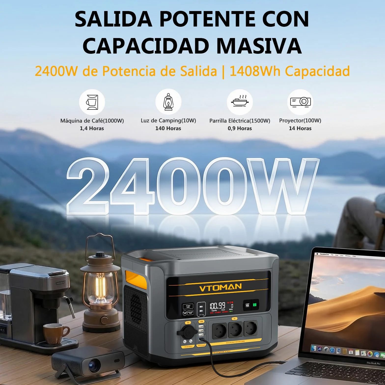 VTOMAN FlashSpeed 2400 Estación de Energía Portátil con 400W Panel Solar | 1408Wh Generador Solar, 3 CA de 2400W, Cable de Arranque, Carga Rápida 0-100% en 1 H, Acampada, RV, Apagones, Embacaraciones
