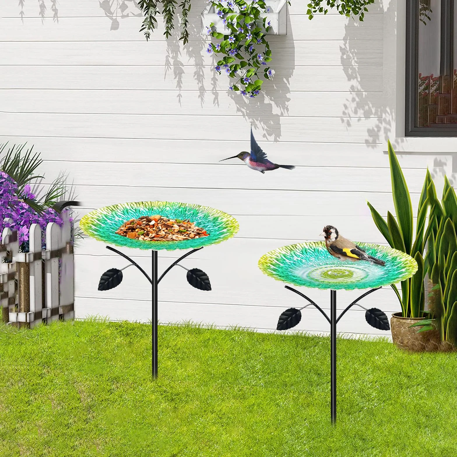 Bebedero para pájaros de pie, grande, 83 cm, de metal, baño para pájaros de pie, para jardín, resistente al invierno para exteriores, bebedero de agua antiguo para pájaros, bebedero de jardín con base
