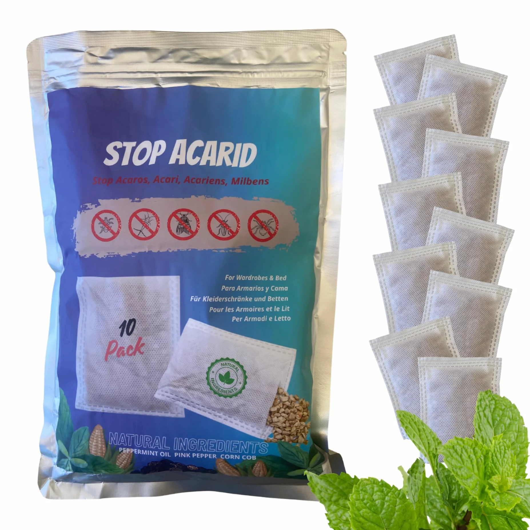 Tratamiento antiácaros a Base de Hierbas | Eliminador Natural de ácaros | Ahuyenta ácaros y polillas en Ropa de Cama, sofás, armarios, alfombras y Cojines | Pack de 10