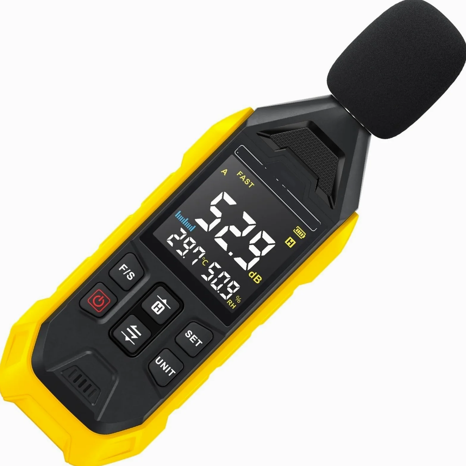Medidor de decibelios digital, probador de nivel de sonido de 30-130 dB con termómetro e higrómetro