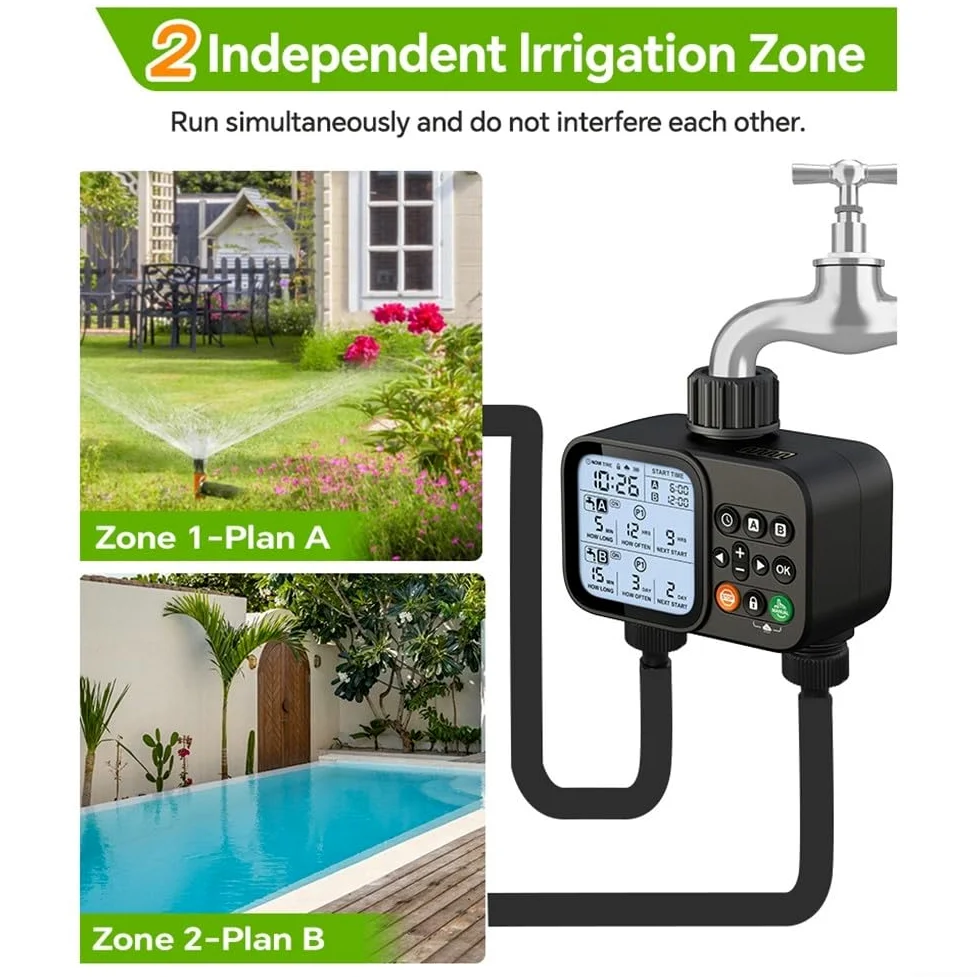 Temporizador de riego inteligente de doble salida controlador de riego automático y manual con modo de 8 horas para el cuidado de plantas de jardín