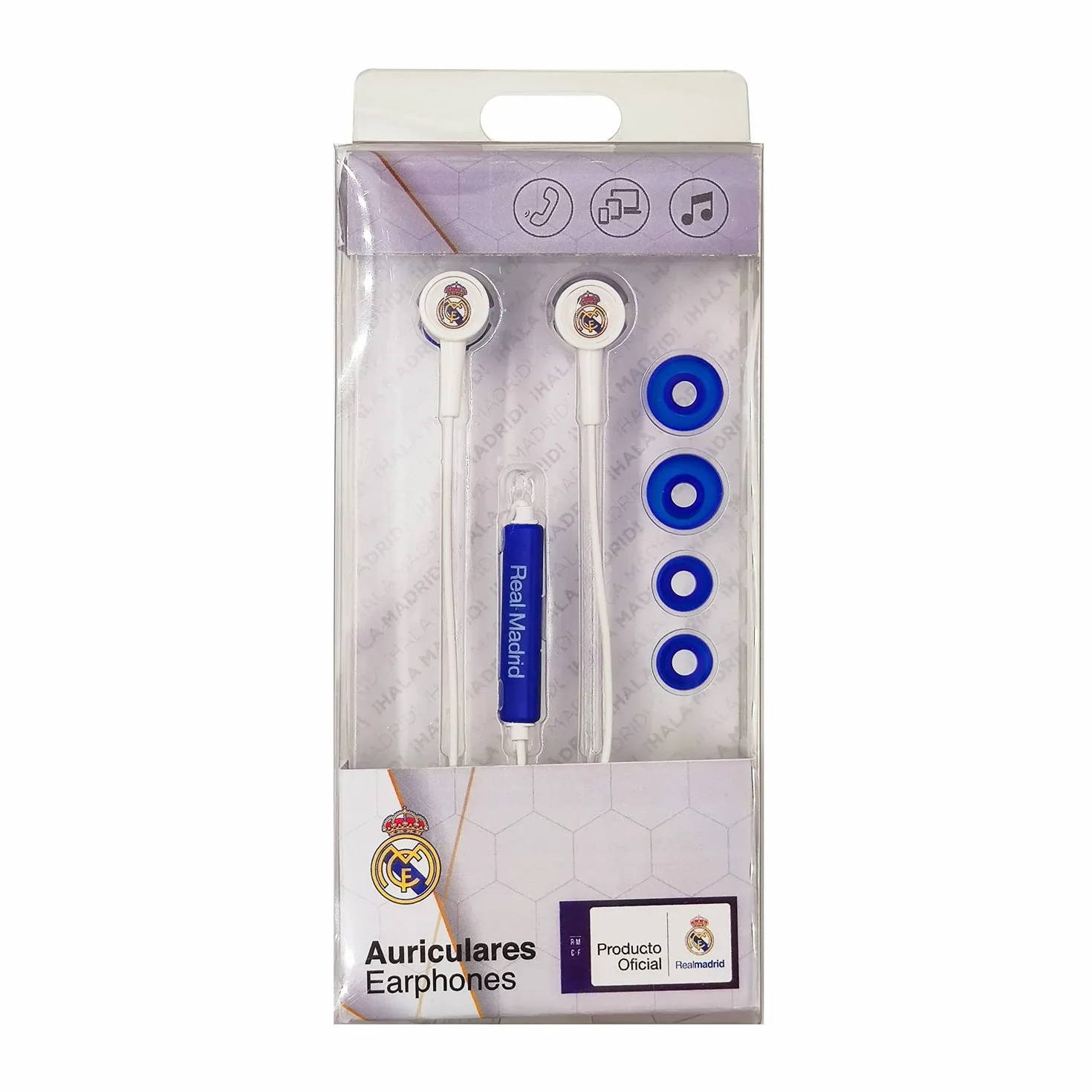 Real Madrid Auriculares Tipo Botón con Cable 120 cm Reducción de Ruido Clavija Mini Jack 3.5 mm Oficial