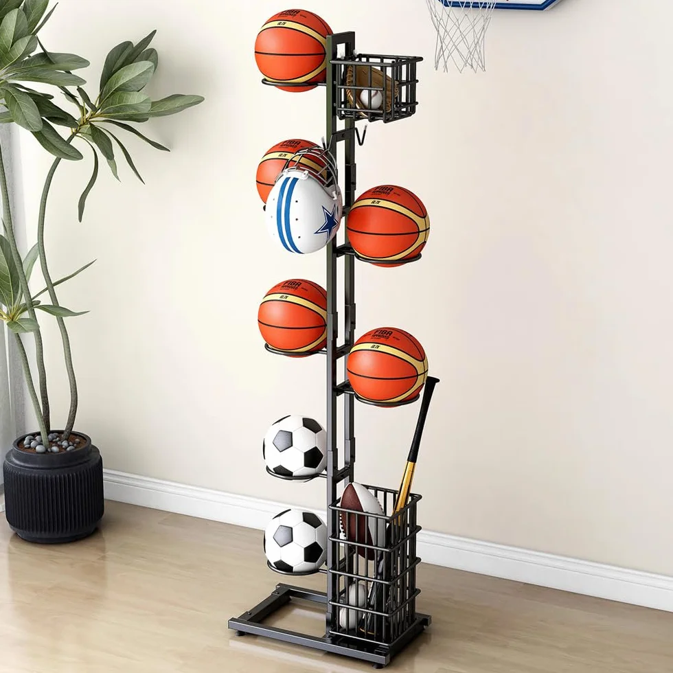 Soporte de Baloncesto y Fútbol, Organizador de Garaje para Equipos Deportivos, Estante de Almacenamiento Vertical con 7 Soportes y 2 Cestas