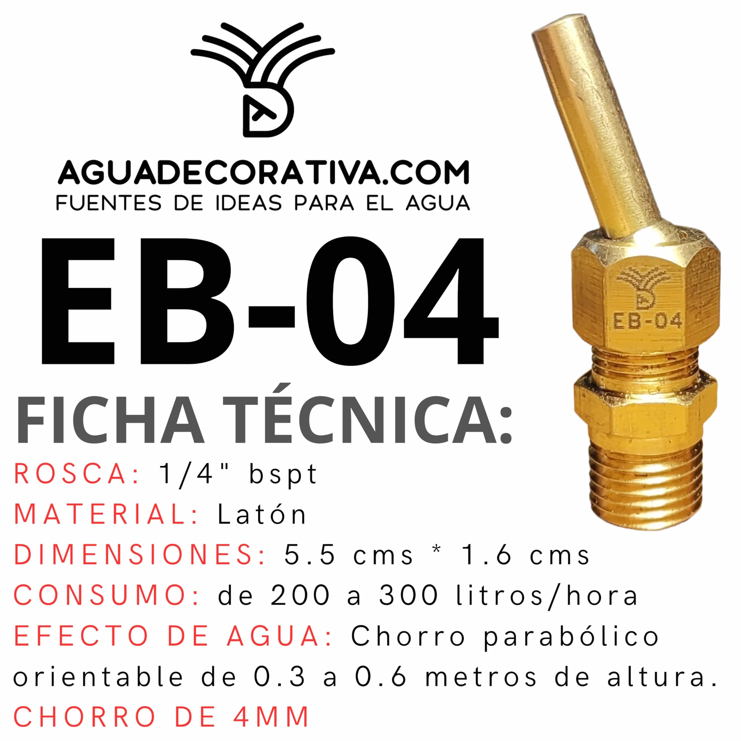 Boquillas para fuentes de jardín chorro de lanza de 4mm rosca 1/4" BSPT Latón