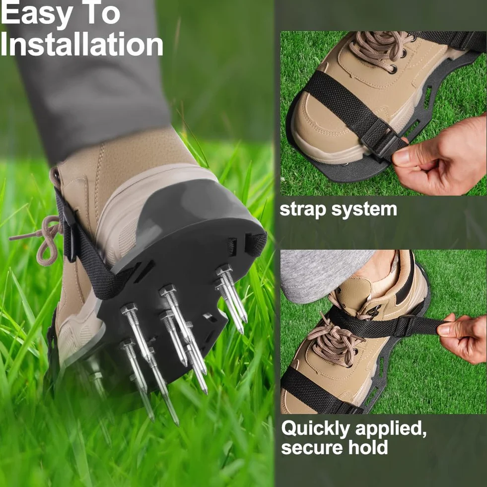 URAQT Zapatos Aireador para Cesped, 1par Suelas Escarificadoras Suela de 29*13CM y Púas de 47mm, Zapatos Aireador Jardin de Tamaño Ajustable,Talla Universal, para Zapatos Aireación en Patio y Jardín