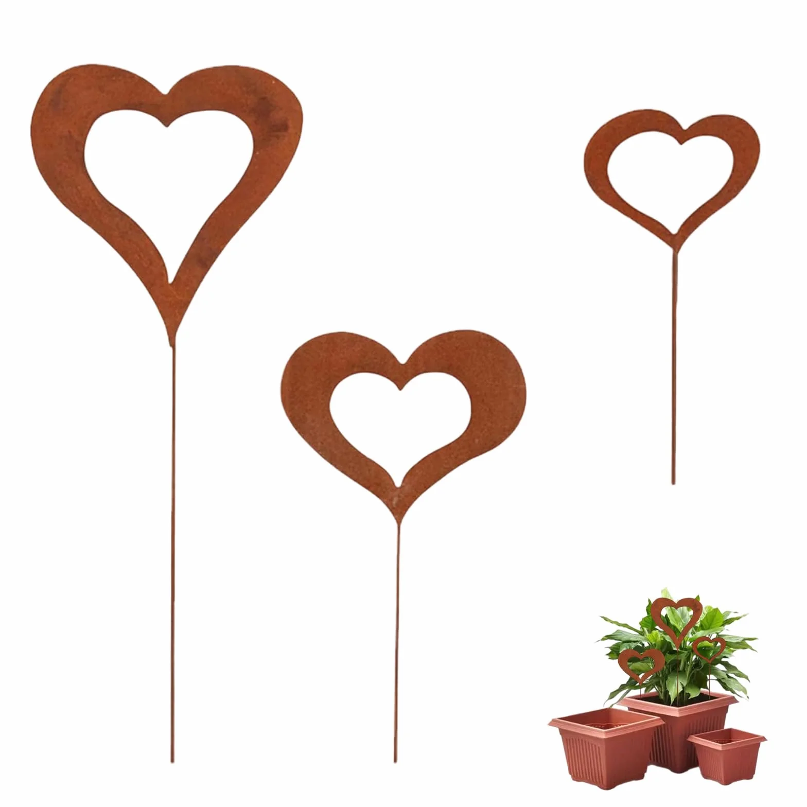 Juego de 3 Estacas Decorativas Tapones de Corazon Metal Oxidado Conectores Decoración para Exterior Jardín Terraza Balcón