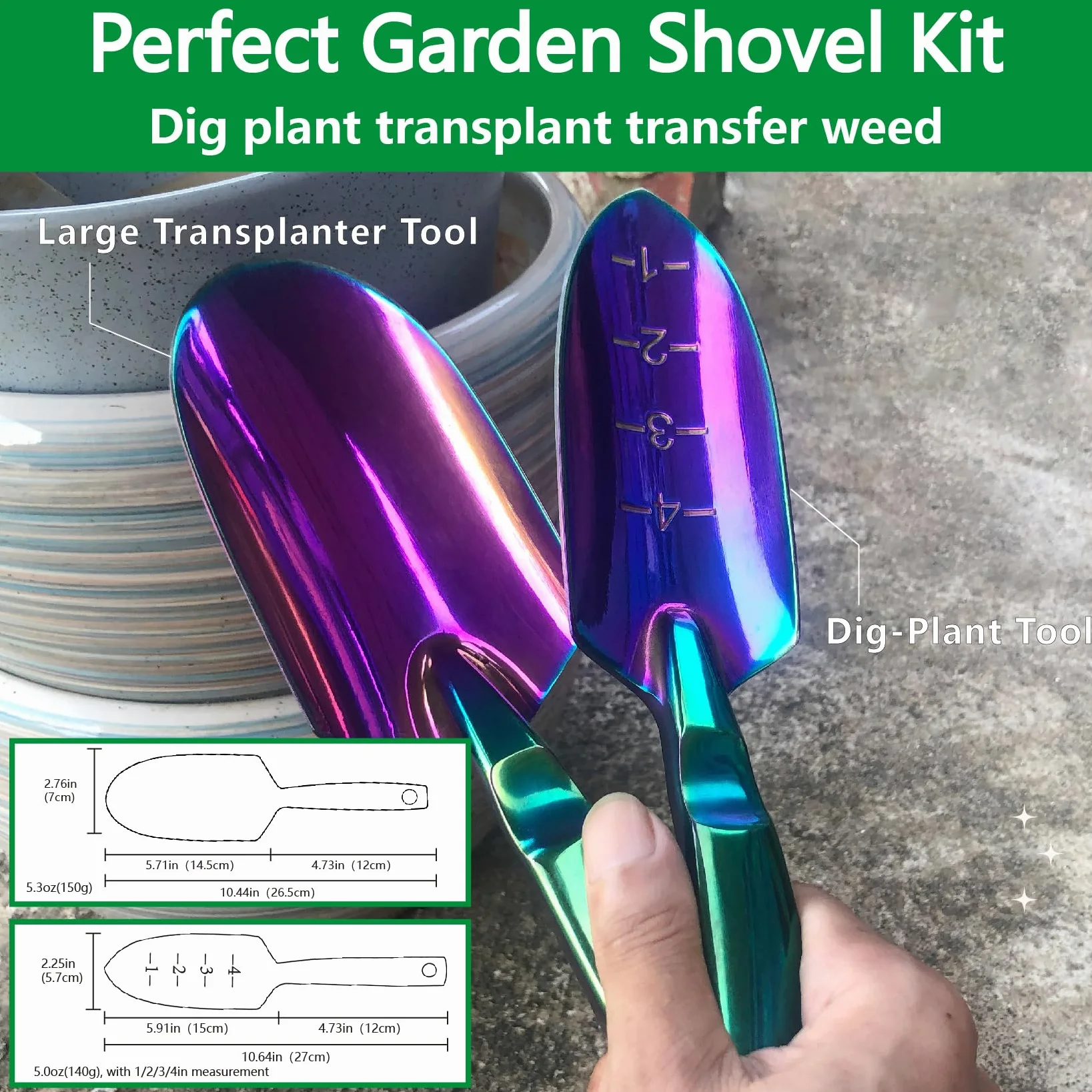 Palas de jardín, paquete de 2 herramientas de jardinería, palas de jardín de alta resistencia, para excavar plantar y trasplantar, gran regalo para los amantes del jardín, coloridas