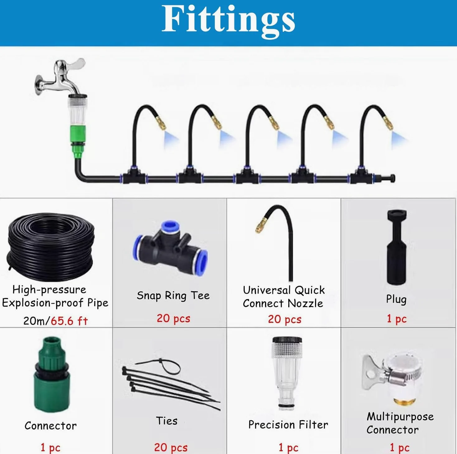 Kit de sistema enfriamiento por nebulización PE | Sistema de enfriamiento de nebulización de varios tamaños negros for patio al aire libre(20m/65.6ft)