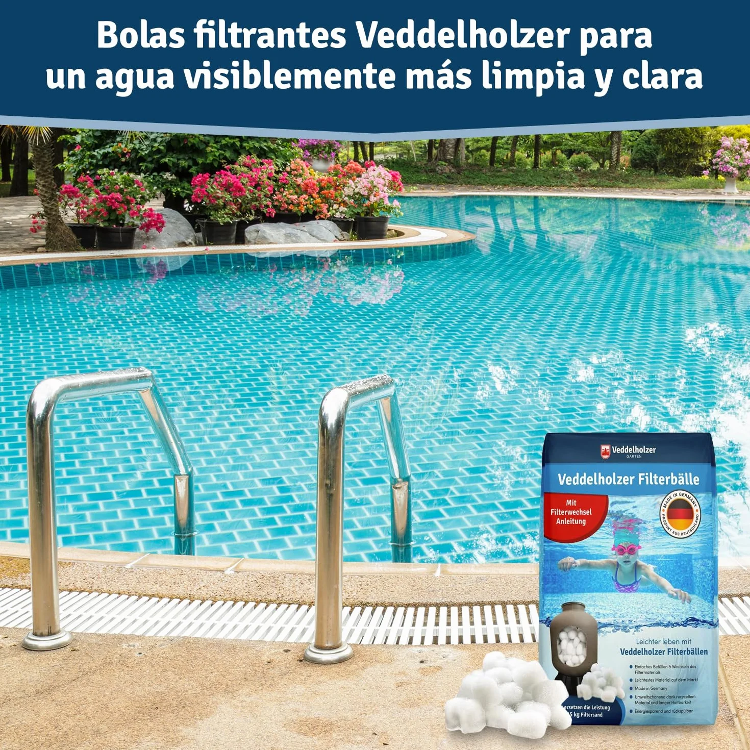 Bolas de Filtro de Piscina de Veddelholzer El Material más Ligero para el Mejor Rendimiento sustituye la Arena de Filtro de 25 kg Arena de Cuarzo de Alemania Limpiador de Piscinas Sistema de Filtro