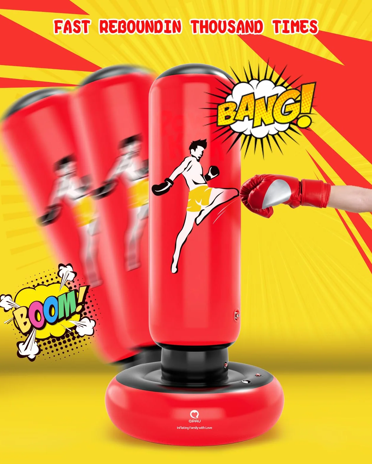 Saco de boxeo para niños con guantes, 66 pulgadas, inflable, rojo