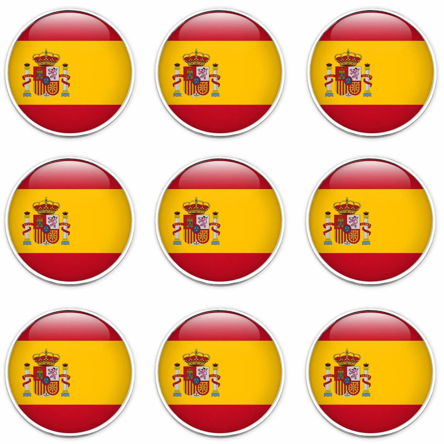 Marcadores de Bola de Golf de Metal con Crystal Dome 25,4 mm Bandera de España 2 Acabados Oro Brillo Plata Brillo