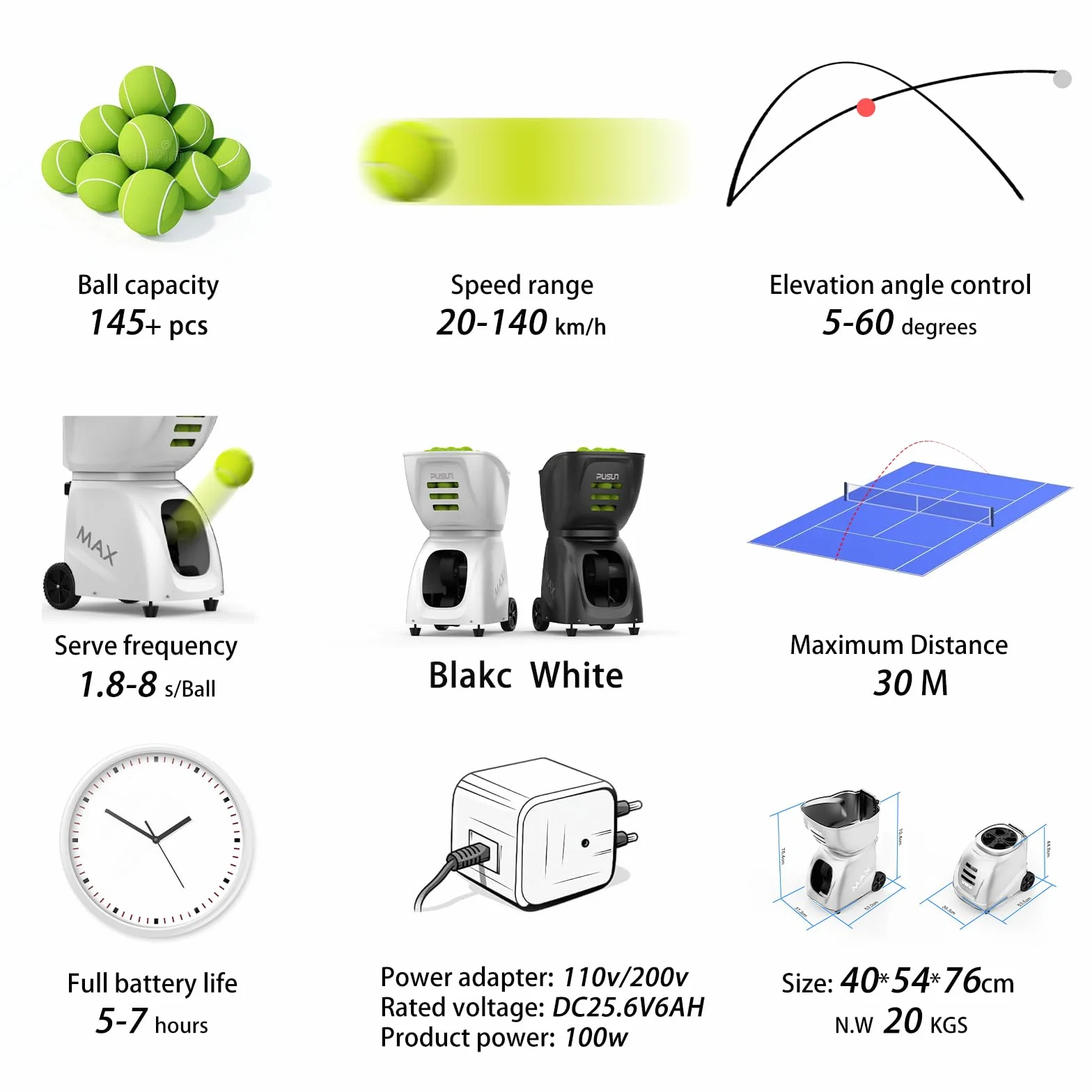 PT-Max C Máquina de pelotas de tenis con control remoto, lanzador 12-87 MPH, giro superior/trasero/lateral, capacidad 150+ pelotas, control app Android iPhone Apple