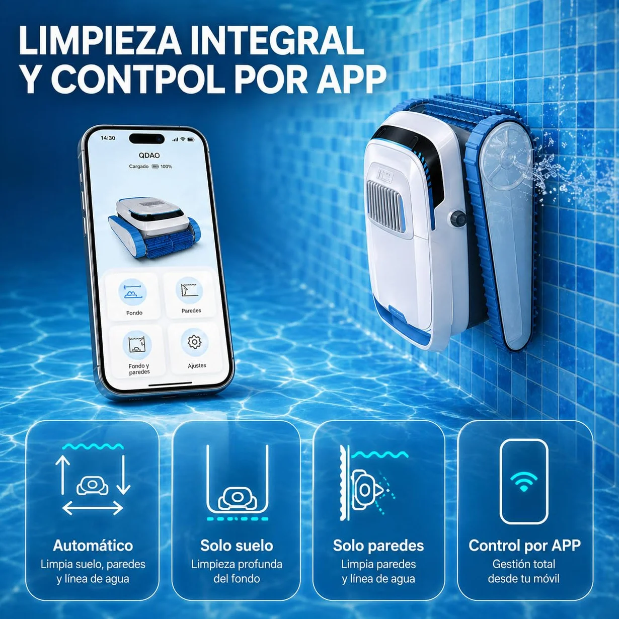 QD40 Robot limpiafondos Piscina sin Cable batería 120 min – Limpia Fondo, Paredes y línea de Agua, navegación Inteligente, Auto Parking, App Bluetooth, Filtro 4L Alta Capacidad