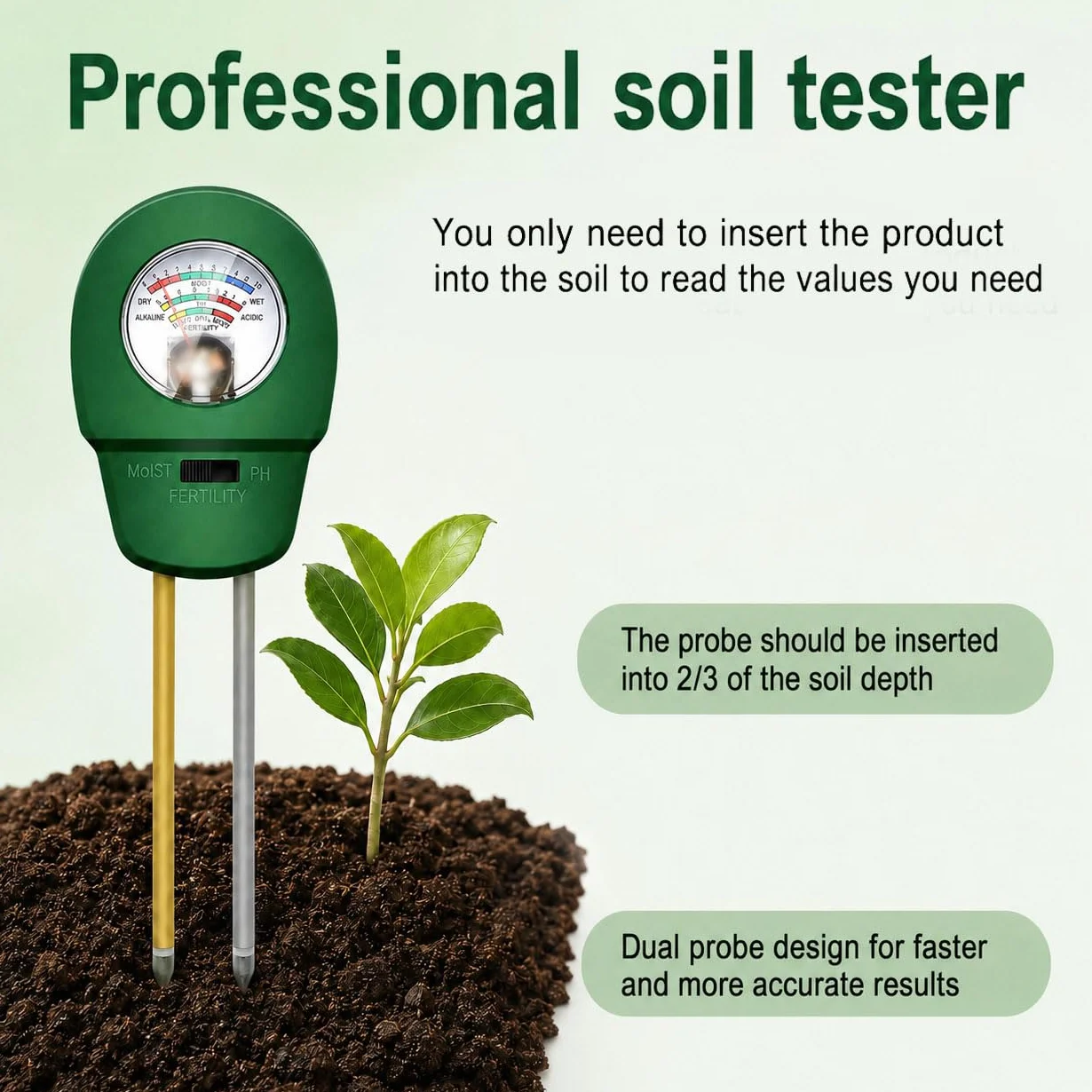 Medidor Humedad Plantas 3 en 1, Medidor pH Tierra Digital, Higrómetro Suelo Profesional para Test pH Suelo, Temperatura y Luz en Jardín, Césped y Macetas,no requiere pilas