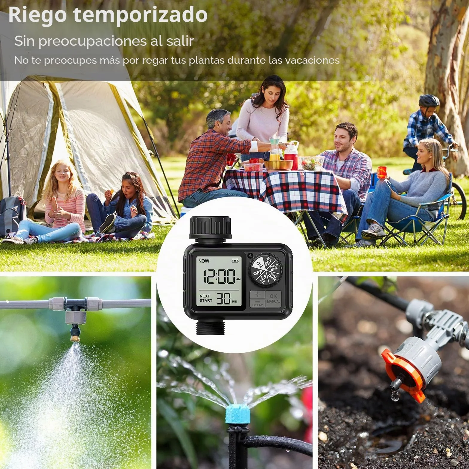 Ordenador de riego, Reloj de riego con retardo de Lluvia/Modo automático y Manual, IPX5 Resistente al Agua/Pantalla Grande Pantalla LCD Temporizador de Agua para jardín césped (1 Salidas)