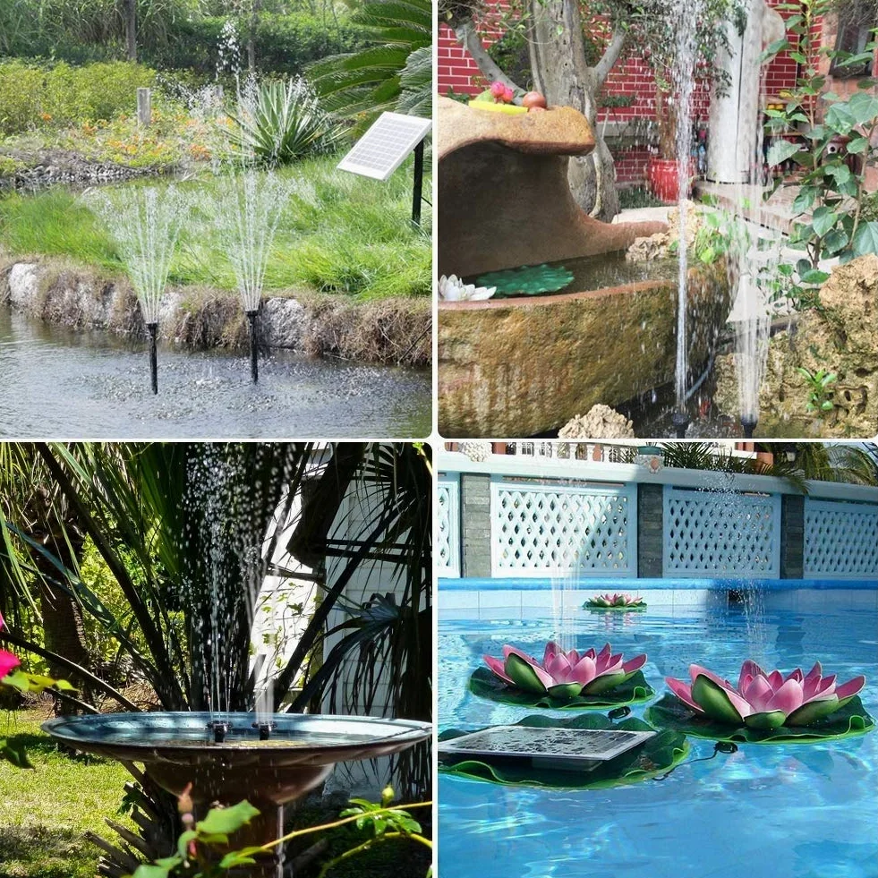 Bomba Agua Panel Energía Solar 5W Solar Bombas para Fuentes, Bomba de Agua Solar Monocristalino Bomba Agua con 8 boquillas Para estanques pequeños, piscinas, acuarios, baños de aves, jardines, 380L/H