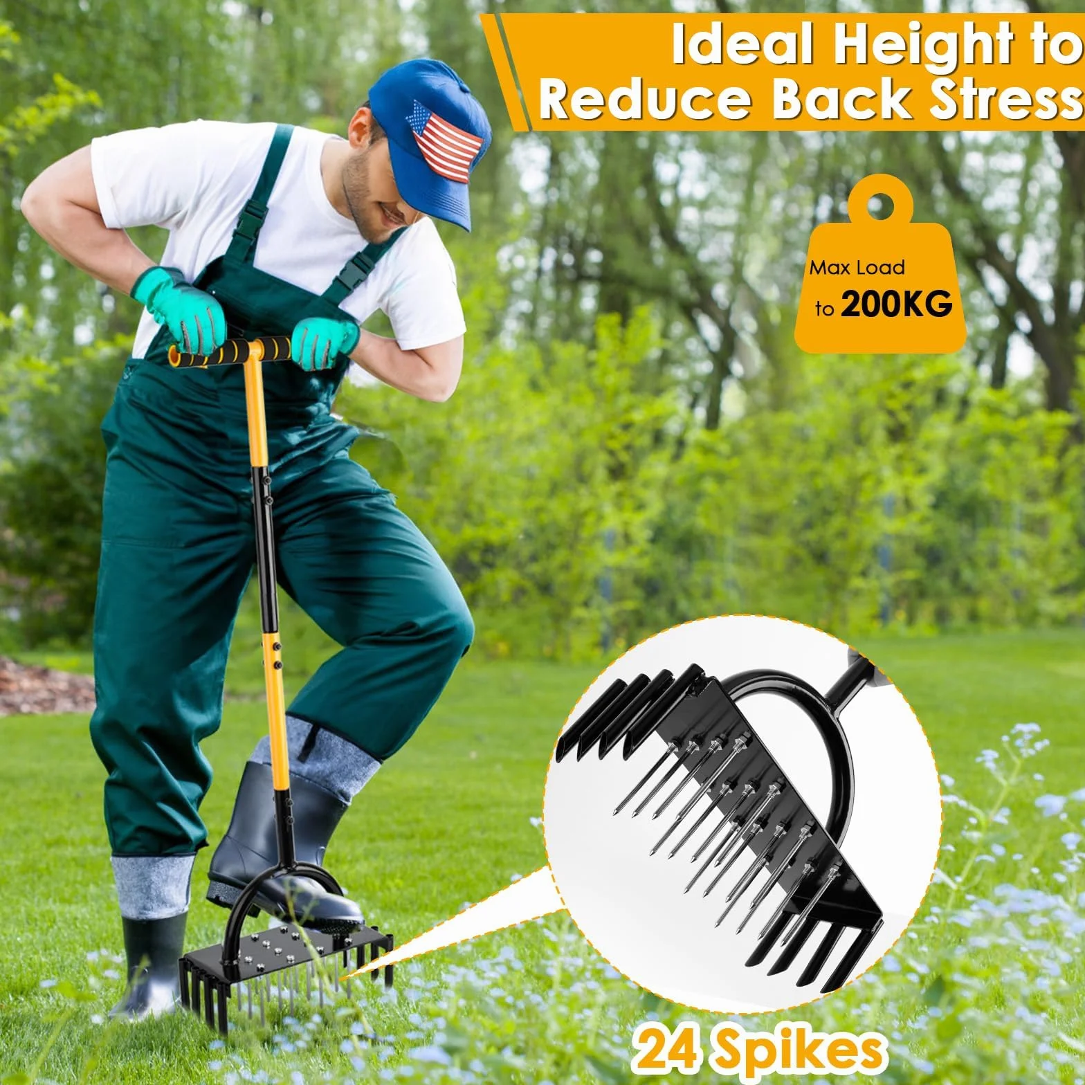 Aireador Herramienta de césped, 96 cm Aireador Cesped Escarificador Cesped Manual, aireador de Tierra Manual con Mango en T con 17 Picos de Acero sólido de 9 cm para airear césped, Patio, Suelos