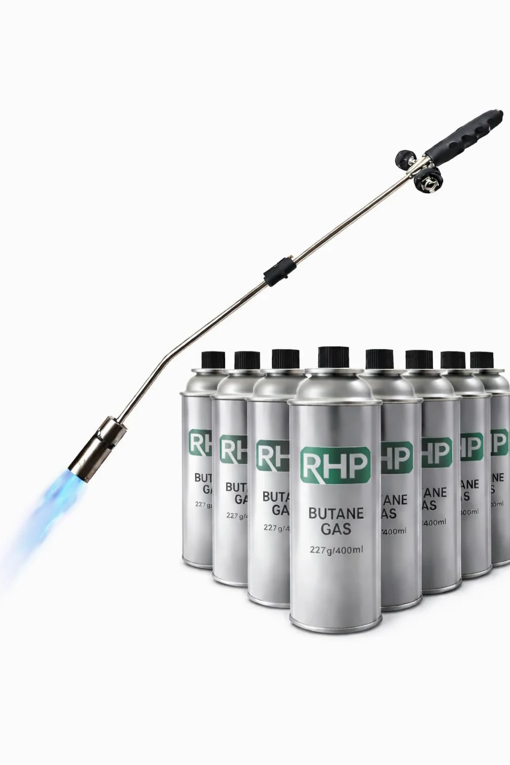 Quemador de malezas RHP 80 cm, incluidos 8 cartuchos de gas butano de 227 g, quemador de gas con encendido piezoeléctrico, quemador de llama ajustable