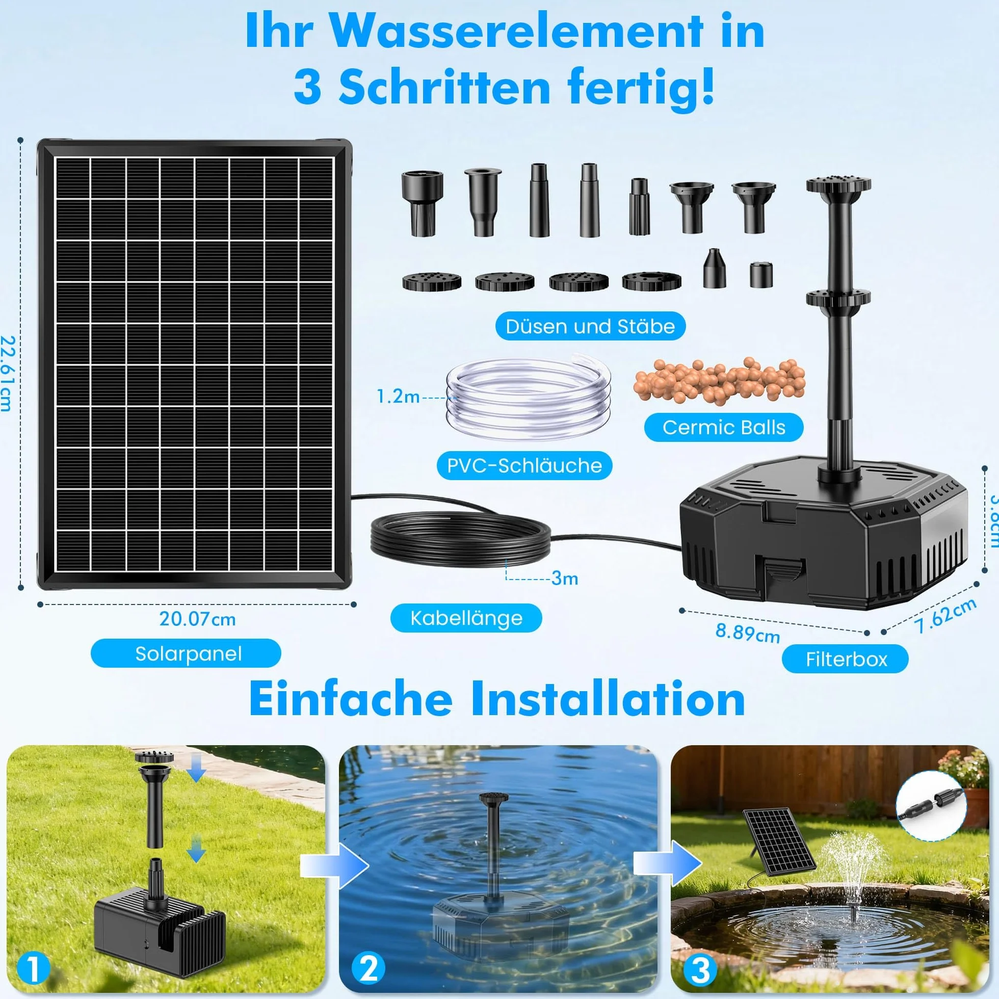 Biling Filtro solar para estanque de 6,5 W con batería y 10 boquillas, bomba solar para estanques claros de hasta 500 L, silenciosa bomba solar con tubo de agua para mini estanques de jardín, fuentes
