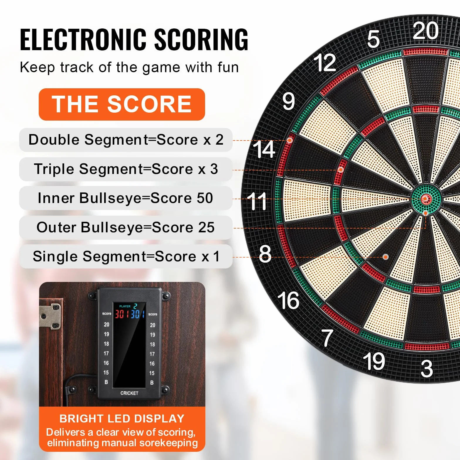 VEVOR Juego de Tablero de Dardos y Gabinete Electrónico, Φ 34,3 cm