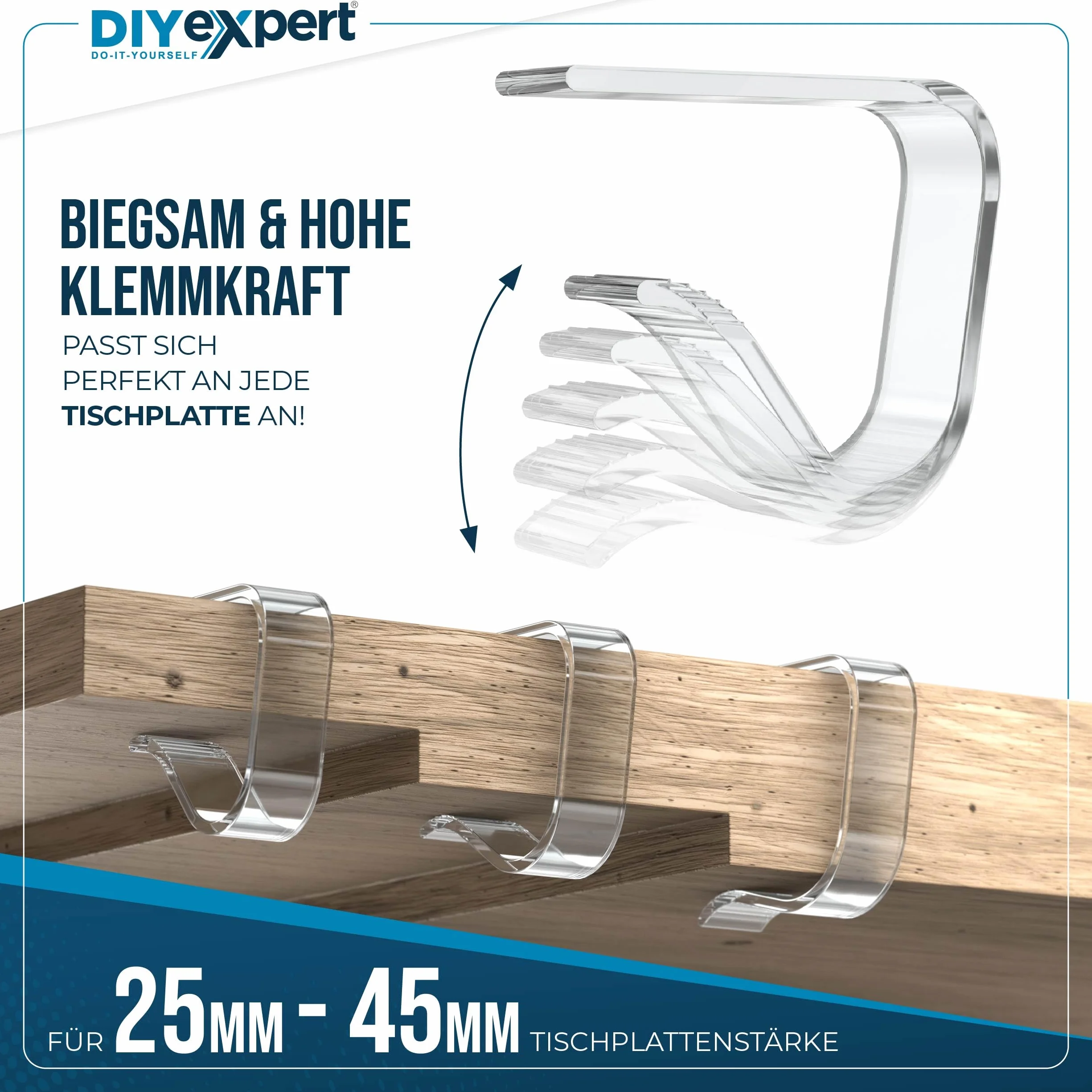 DIYexpert Pinzas para mantel transparentes, fabricadas en Alemania, hasta 45 mm, 8 unidades, resistentes a la intemperie y antideslizantes, para jardín, balcón e interior