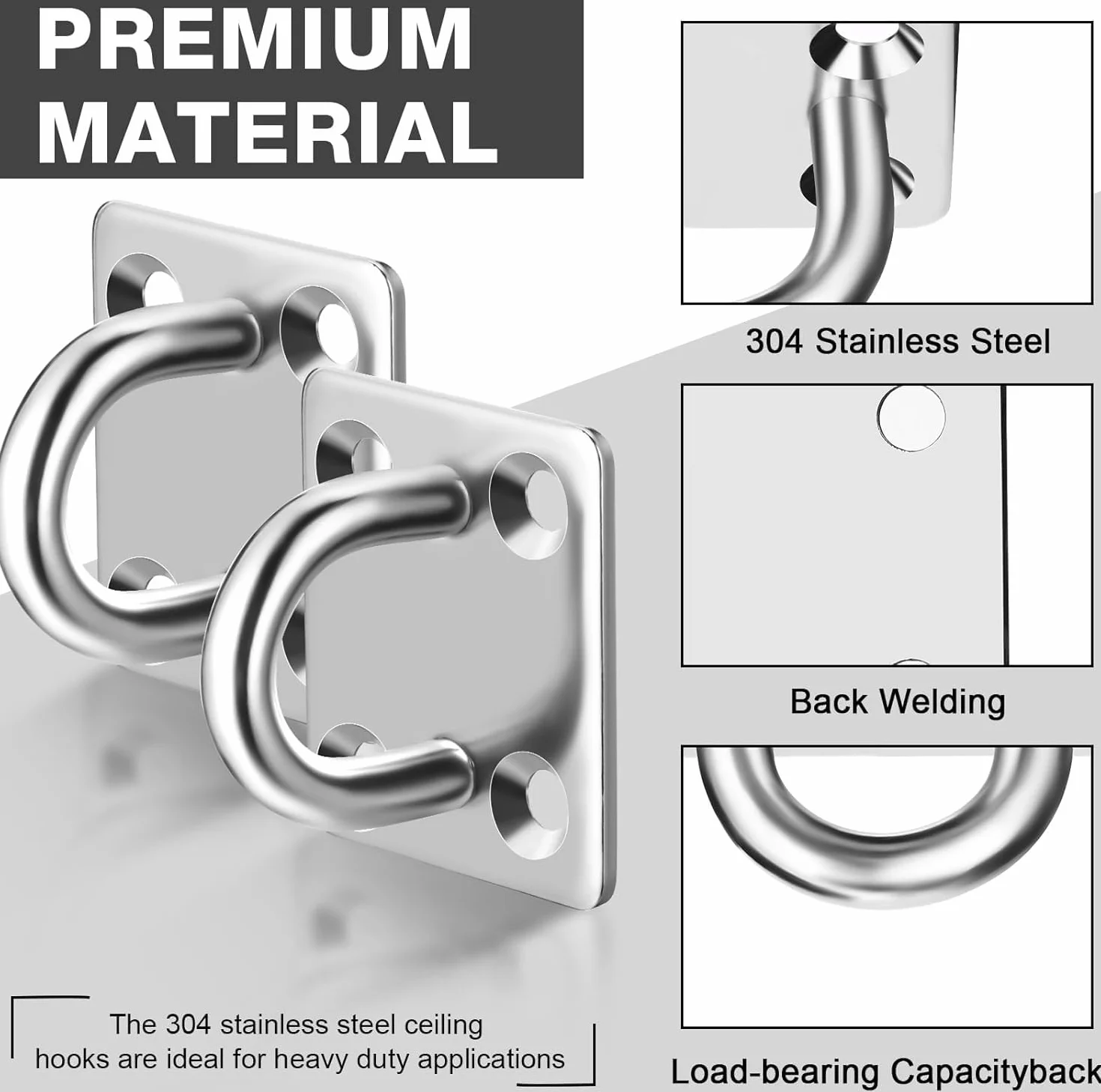 Greluma 4 Pzs Gancho de anillo de grapa con placa de ojo de almohadilla resistente con forma U para toldo de vela-Ganchos para hamaca de techo y pared M5 para suspensión columpio-Acero inoxidable 304