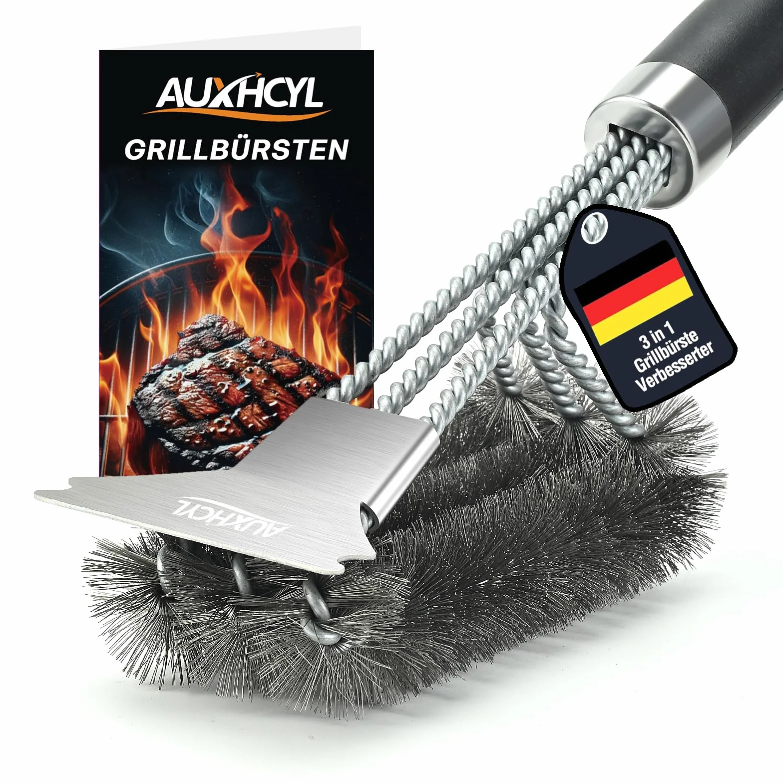 AUXHCYL Cepillo Barbacoa Inoxidable, 3-in-1 Cepillo para Parrilla con Raspador, 45.5cm Largo PP Aislamiento Térmico Mango Cepillo Barbacoa de Limpieza para Parrilla de Gas y Parrilla de Carbón