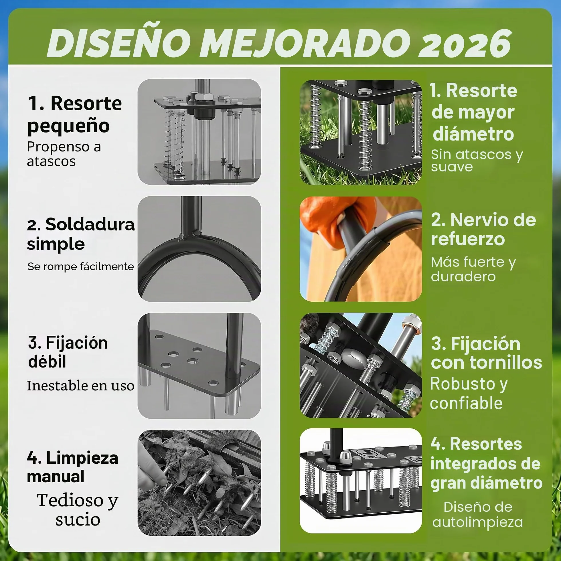 Aireador Cesped, Aireador de césped con 15 Púas de Hierro, Limpieza automática de Hojas y Suciedad, Escarificador Cesped Manual Ajustable en Altura para Cuidado del césped Patio Jardín