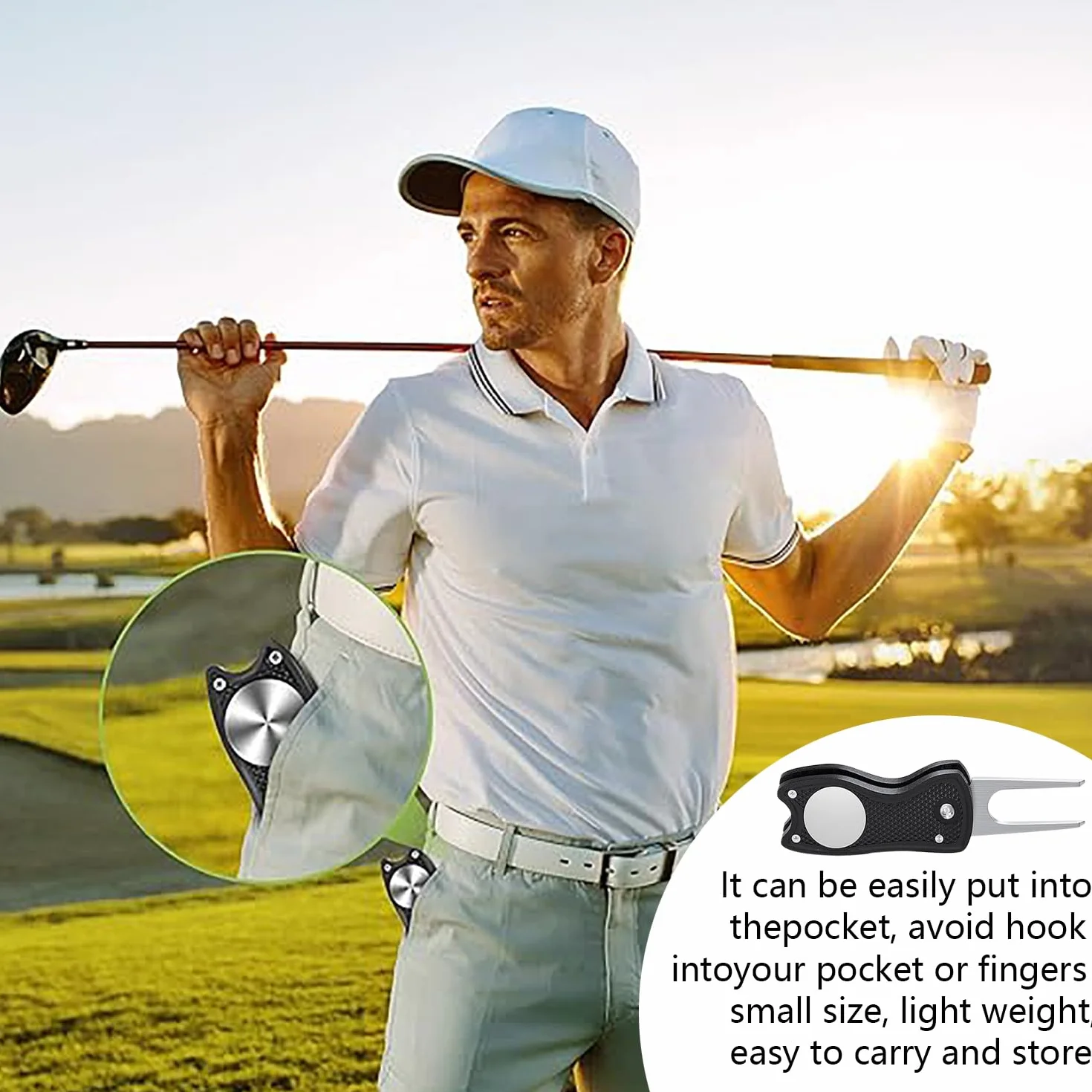 Divot Golf Herramienta Reparación 2 Piezas Plegable Metal Mini Forquilla Verde Metálica Marca Bolas Magnética