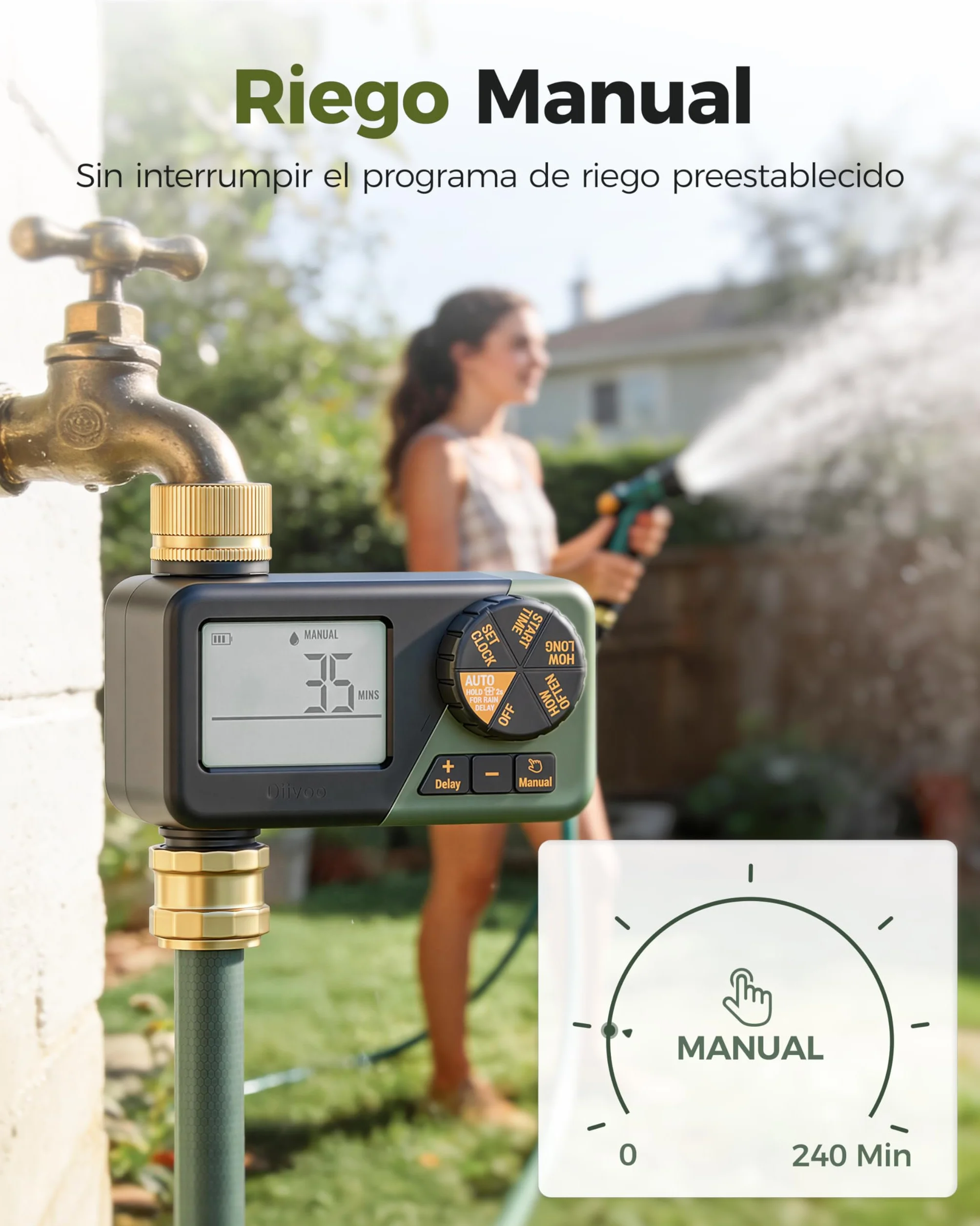 Diivoo Programador Riego con Entrada y Salida de Latón, Temporizador Riego Automatico con Impermeable IP66, Retraso por Lluvia, Riego Manual, Programador de Riego a Pilas para Jardín, Césped