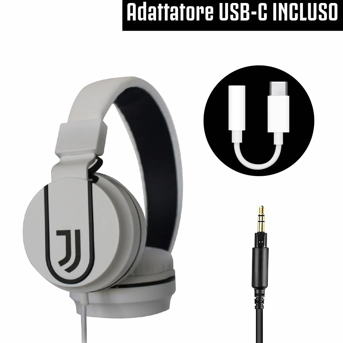 TECHMADE Juventus Football Auriculares On-Ear con Cable AUX Blanco/Negro Adaptador USB C