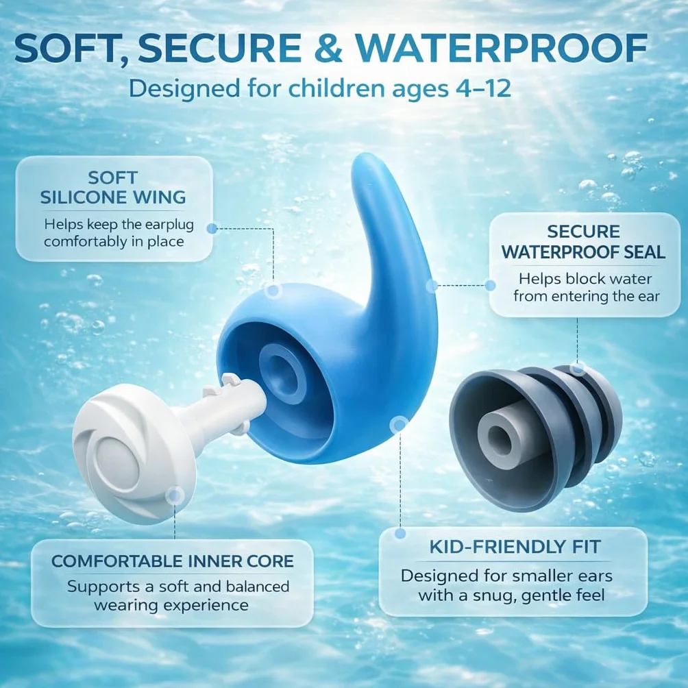 Tapones para los Oídos de Natación para Niños 3 Pares Silicona Impermeable Cordón Amovible Reutilizables