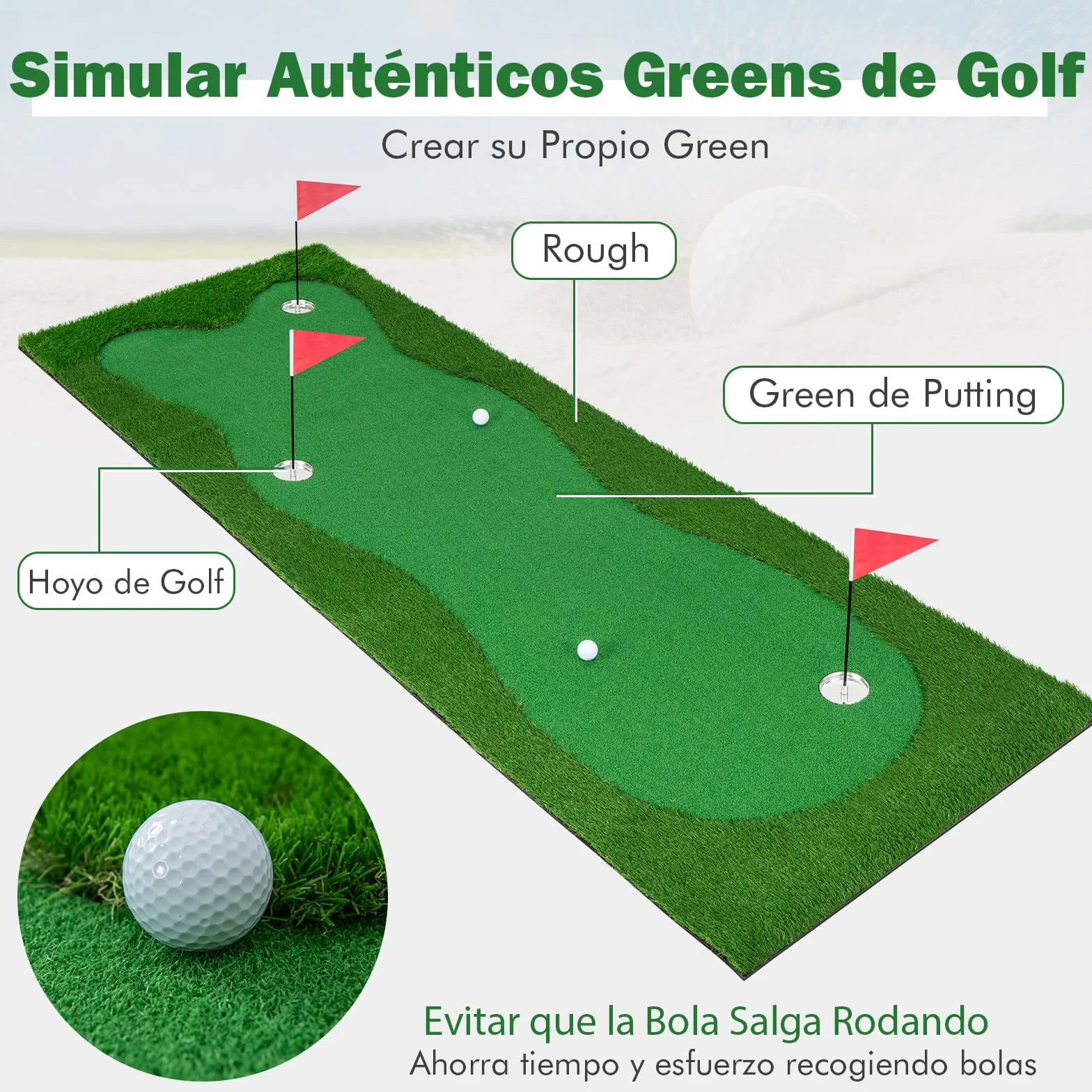 COSTWAY Alfombra de Putting de Golf 300x100 cm 3 Hoyos Banderas Tazas
