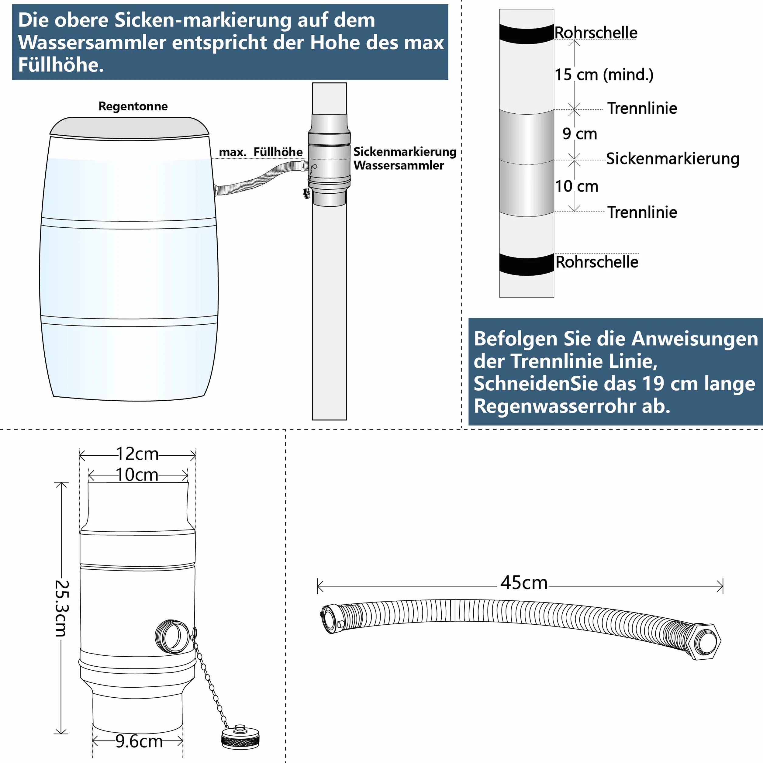 IGarden Colector de agua de lluvia de 100 mm con conector de manguera y barril de 45 cm para el tubo de bajada, chapa de acero galvanizado + colector de lluvia de aluminio de doble pared, colector de