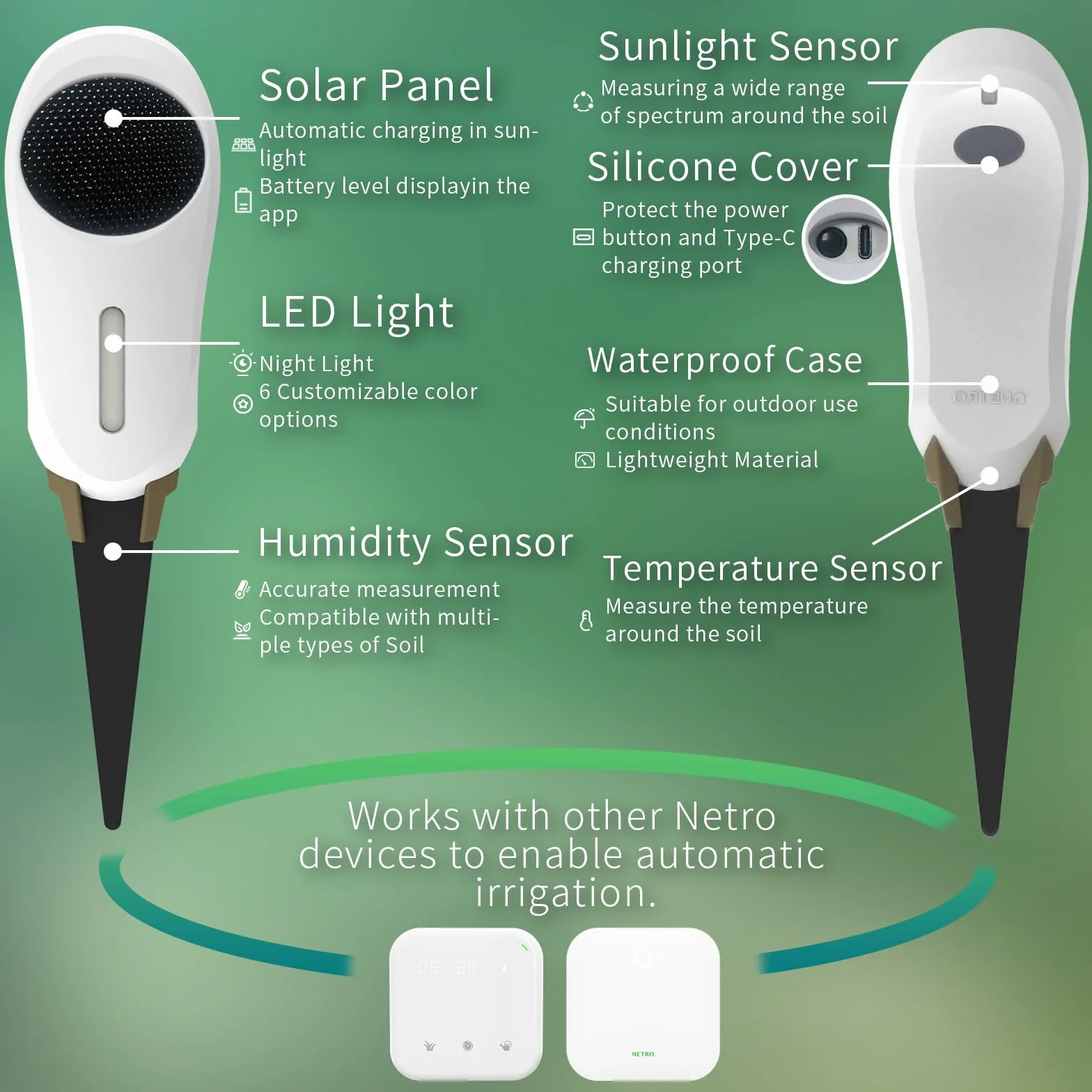 Netro Whisperer Sensor inteligente de planta de 2ª generación, basado en aplicaciones, conectado a WiFi, funciona con energía solar para uso en exteriores
