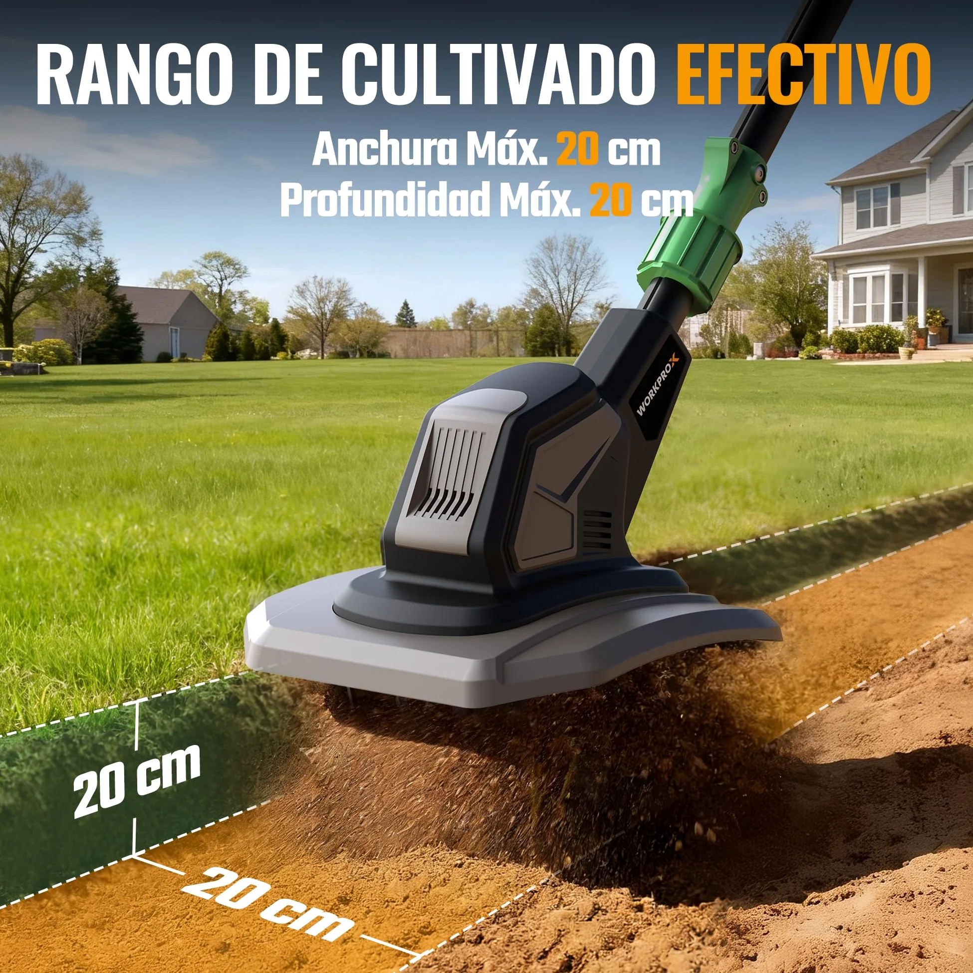 WORKPROX Motoazada Eléctrica a Batería 20V con 4,0Ah, Cultivador de Jardín Inalámbrico, Ancho de Trabajo 20 cm, Profundidad 20 cm, Ruedas Ajustables, Mango Plegable