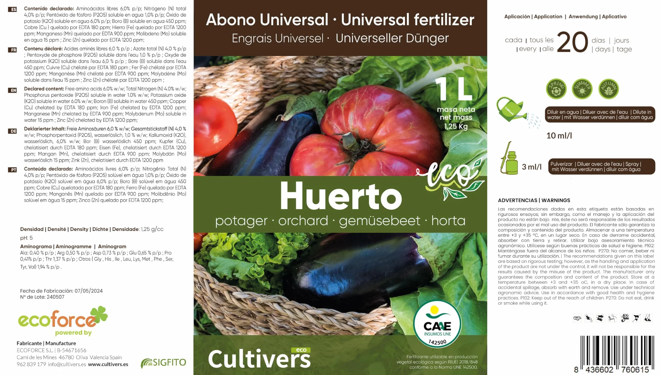 CULTIVERS Fertilizante Huerto Líquido Ecológico 5 L Abono para Hortalizas 100% Orgánico y Natural. Mejor Sabor, Mayor Calidad, Potencia el Crecimiento y Aumenta la Cosecha