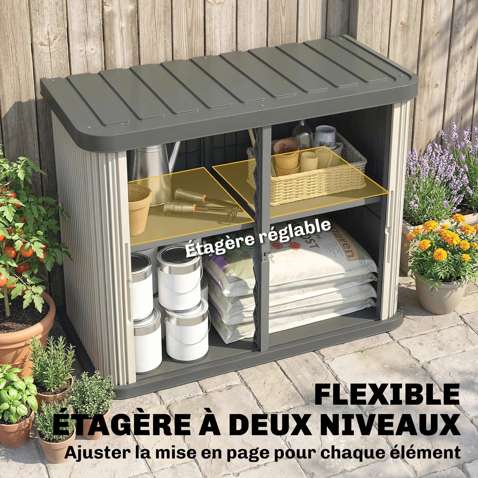 Outsunny - Caja de almacenamiento exterior (480 L, 2 niveles, con puertas correderas, caja de jardín resistente a los rayos UV, para jardín, terraza, 120,5 x 59,5 x 92 cm, color marrón claro