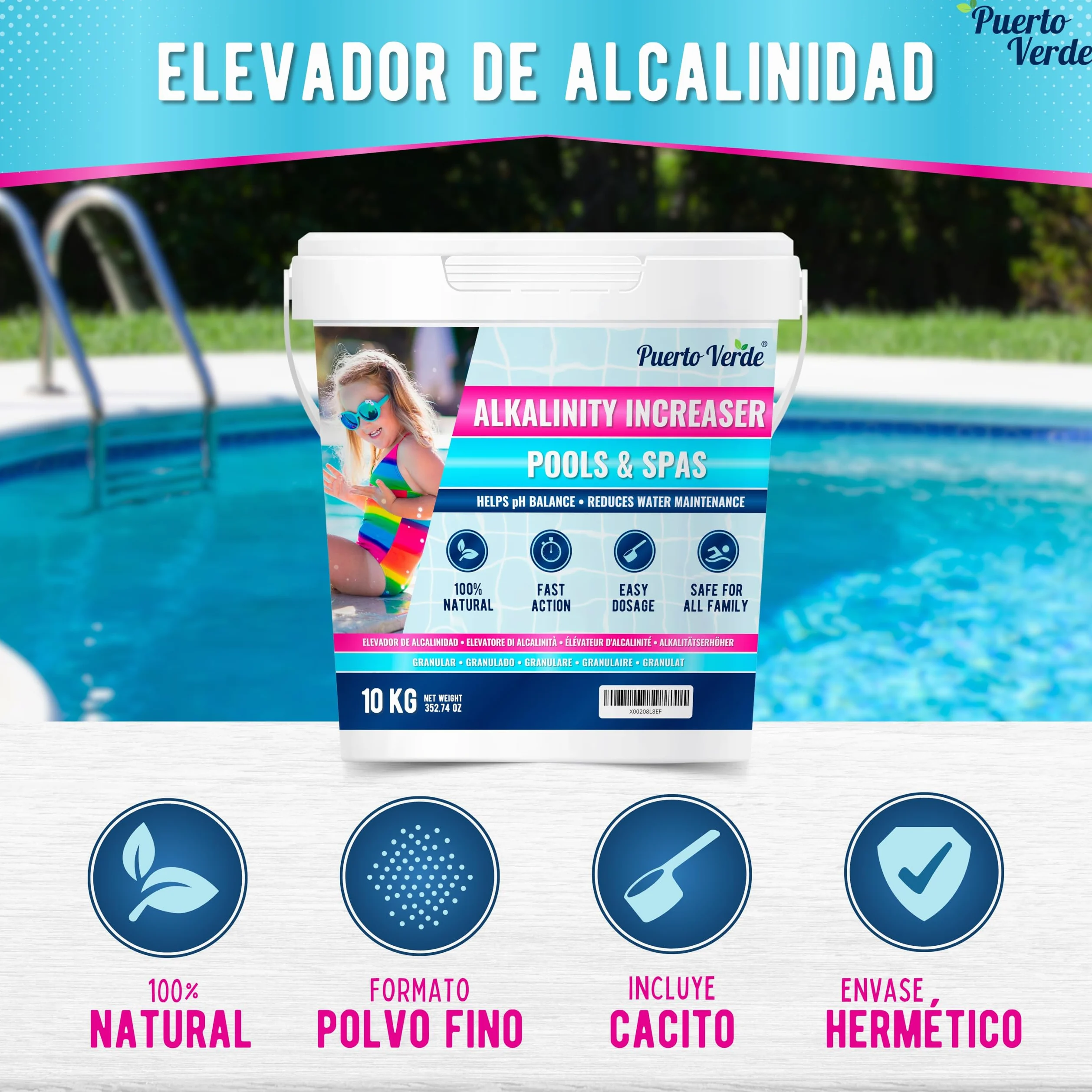 • Incrementador Alcalinidad Piscinas 10 Kg. Ajuste de Alcalinidad TAC y Equilibrio del pH. Apto para Hidromasajes y Spas. Formato Polvo Seguro para Toda la Familia. Producción Española.